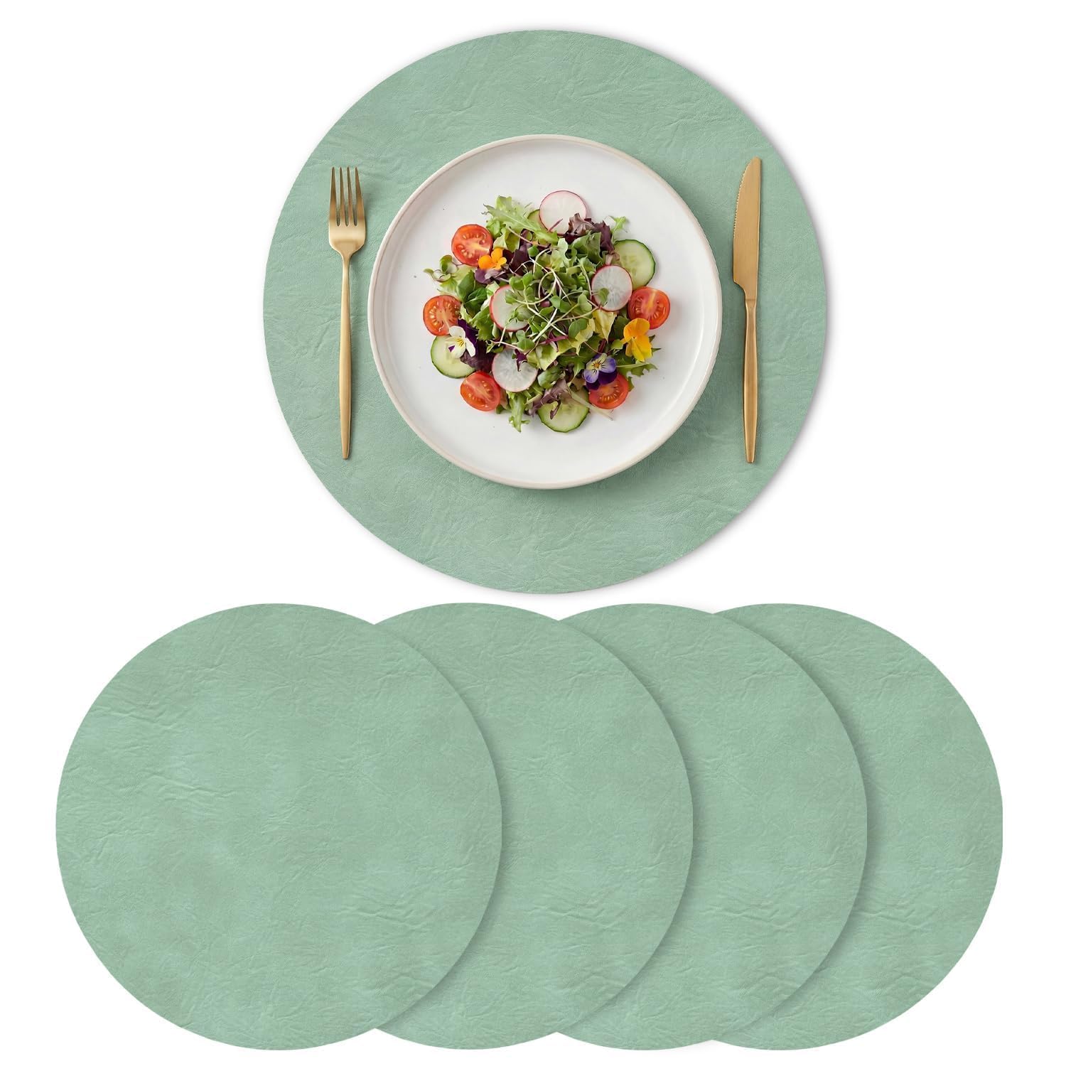 Artoid Mode Sage Green Faux Leather Spring Placemats Round 38cm Set of 4 โ image 1