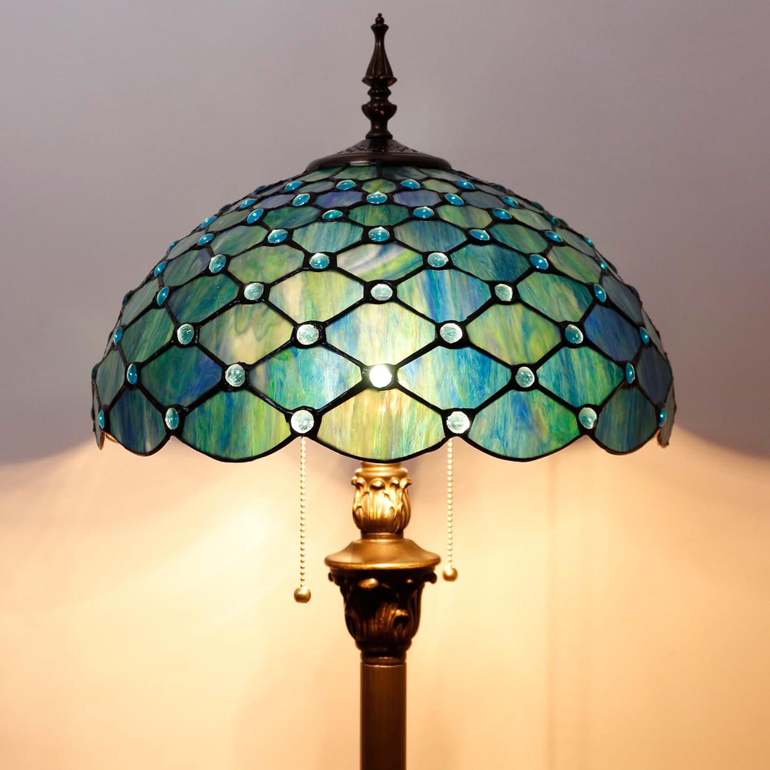 Tiffany Floor Lamp Stained Glass Lamp 16X16X70 Inch Antique Standing Reading Light (Sea Blue Pearl)