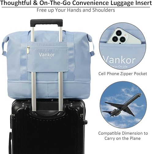 Vista 5 de Vankor - Bolsa de lona para viajes, impermeable, bolsa de viaje portátil para mujer, Azul, Elegante