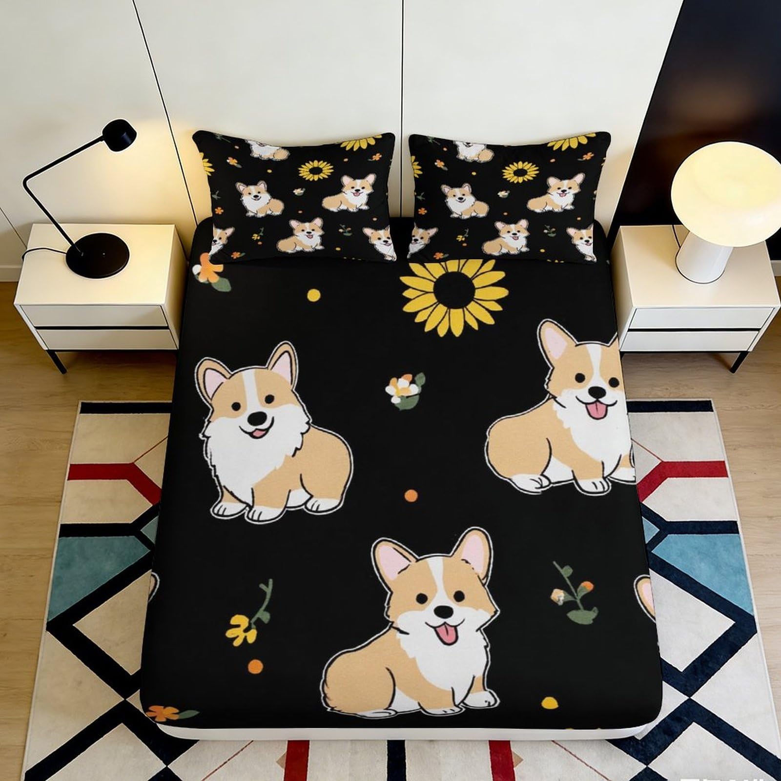 3D Printed Corgi Dog Sunflower Fitted Sheet Microfiber Soft Decor Bed Cover for Bedroom Dorm Mattress Protection 200x200x25cm