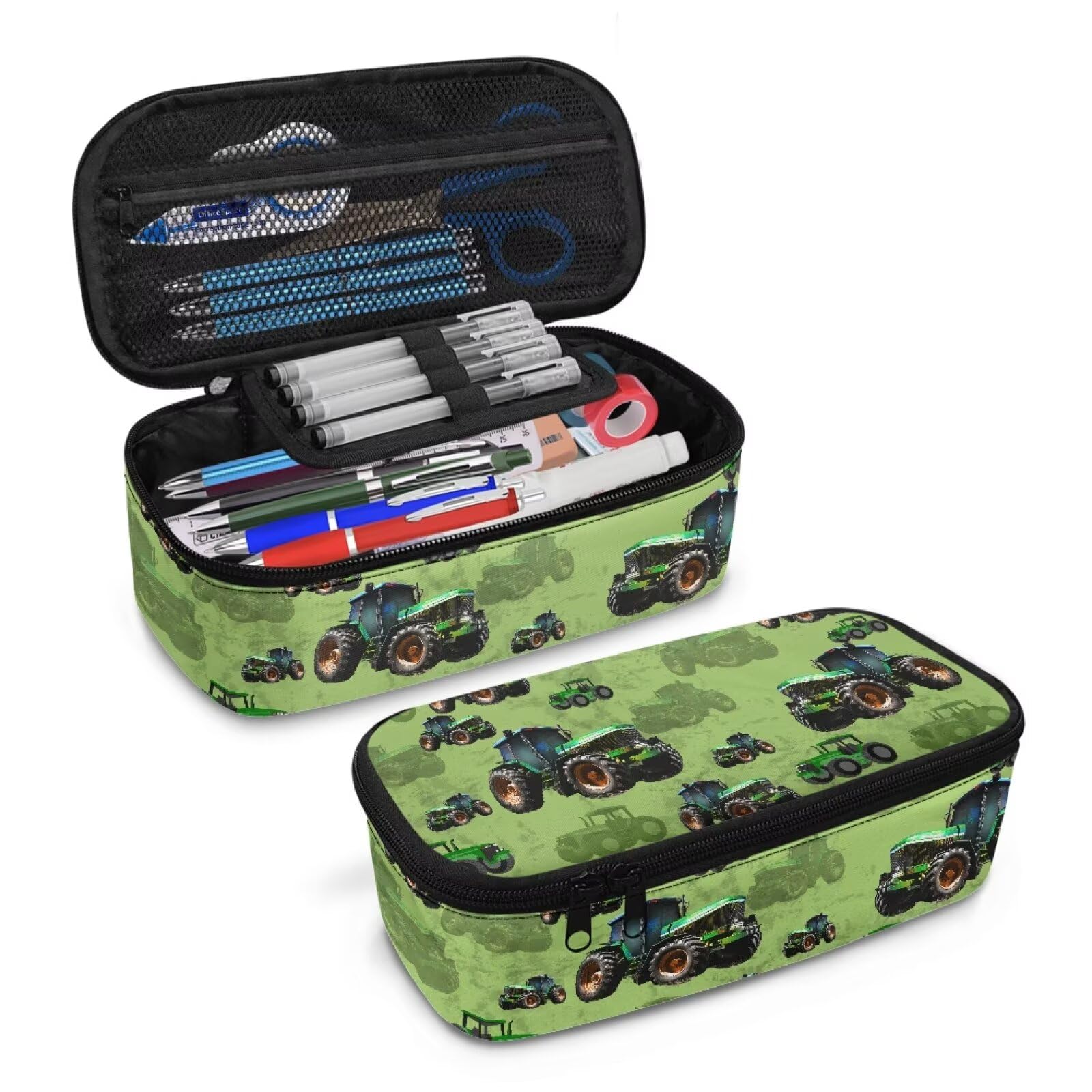 Green Tractor Print Pencil Case for Kids Large Pencil Pouch for Elementary Boys Lightweight Portable Pen Bag with Mesh Pocket for School