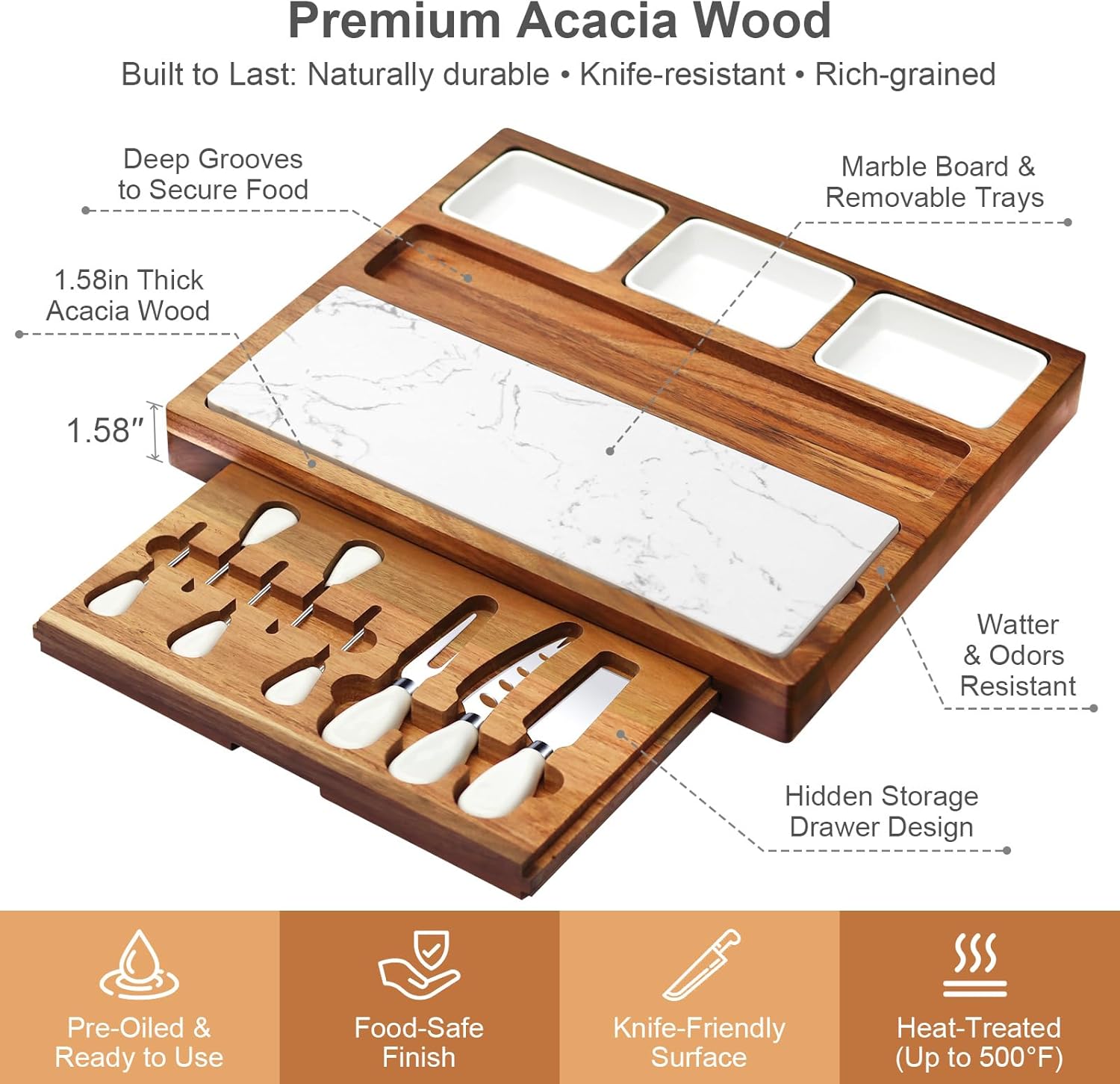Charcuterie Board Set Premium Large Acacia Wood Cheese Platter with Reusable Bowls, Cheese Knives and Forks - Housewarming, Wedding, Bridal Shower, Birthday Gifts