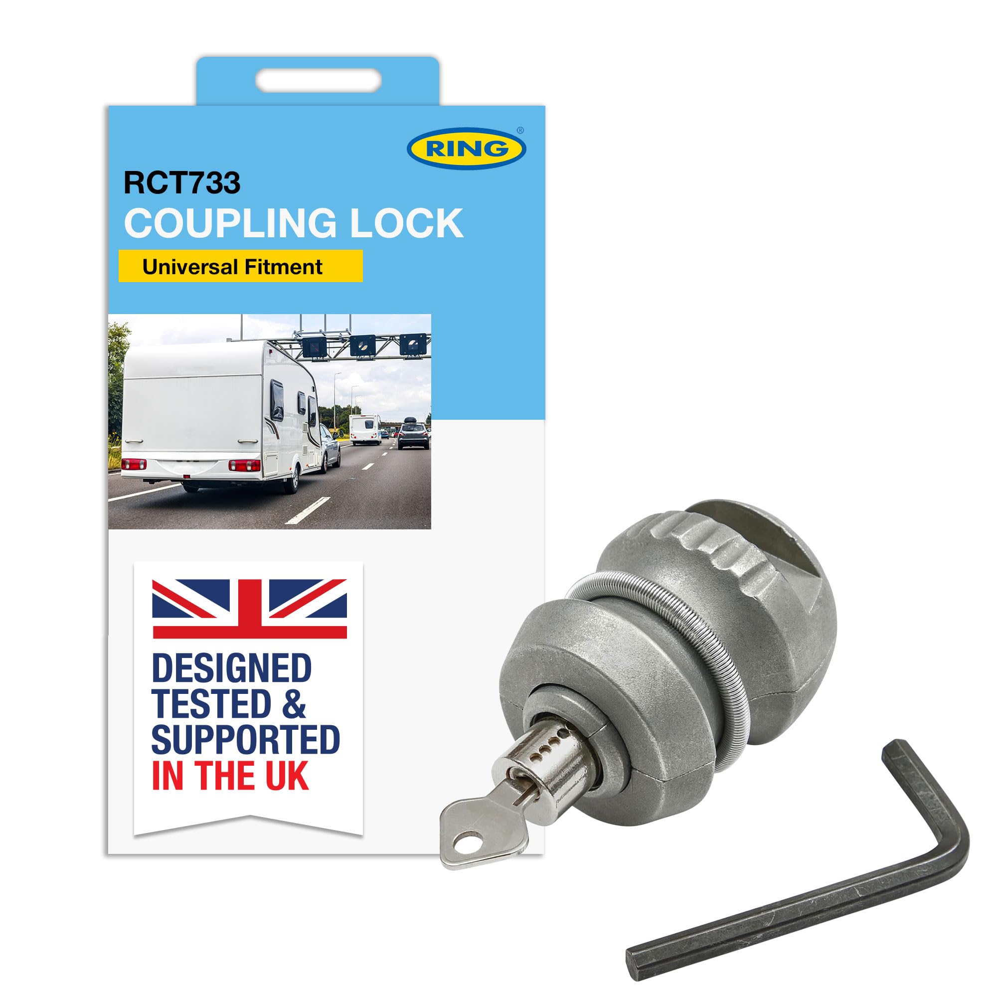 RING Universal Coupling Lock Complete With 2 Keys & 1 Allen Wrench - Suitable for Trailers, Horseboxes & Caravans
