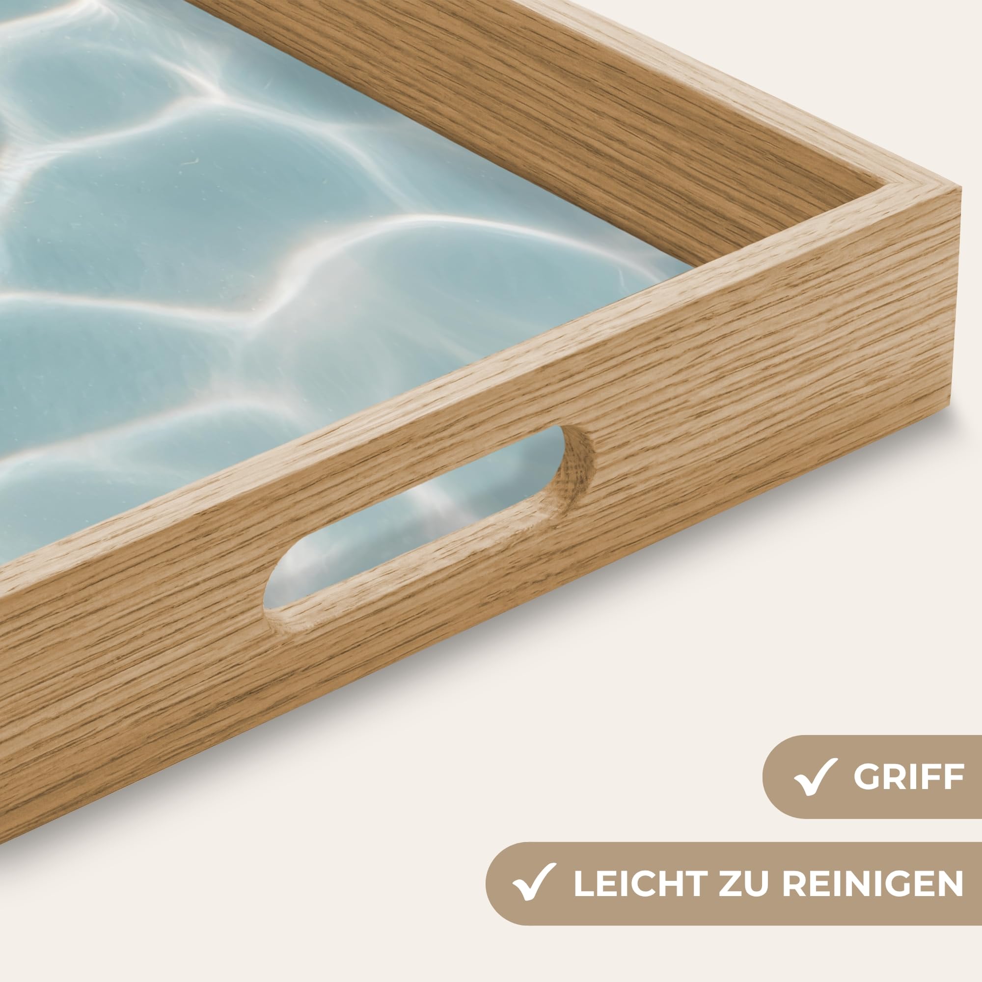 Serviertablett Rechteckig 50x35 cm Servierplatte Eiche Holz Tablett Mit Henkel Tray Kratzfest Kaffeetablett Tabletts Teetablett Seesterne - Gewelltes Wasser - Beruhigend