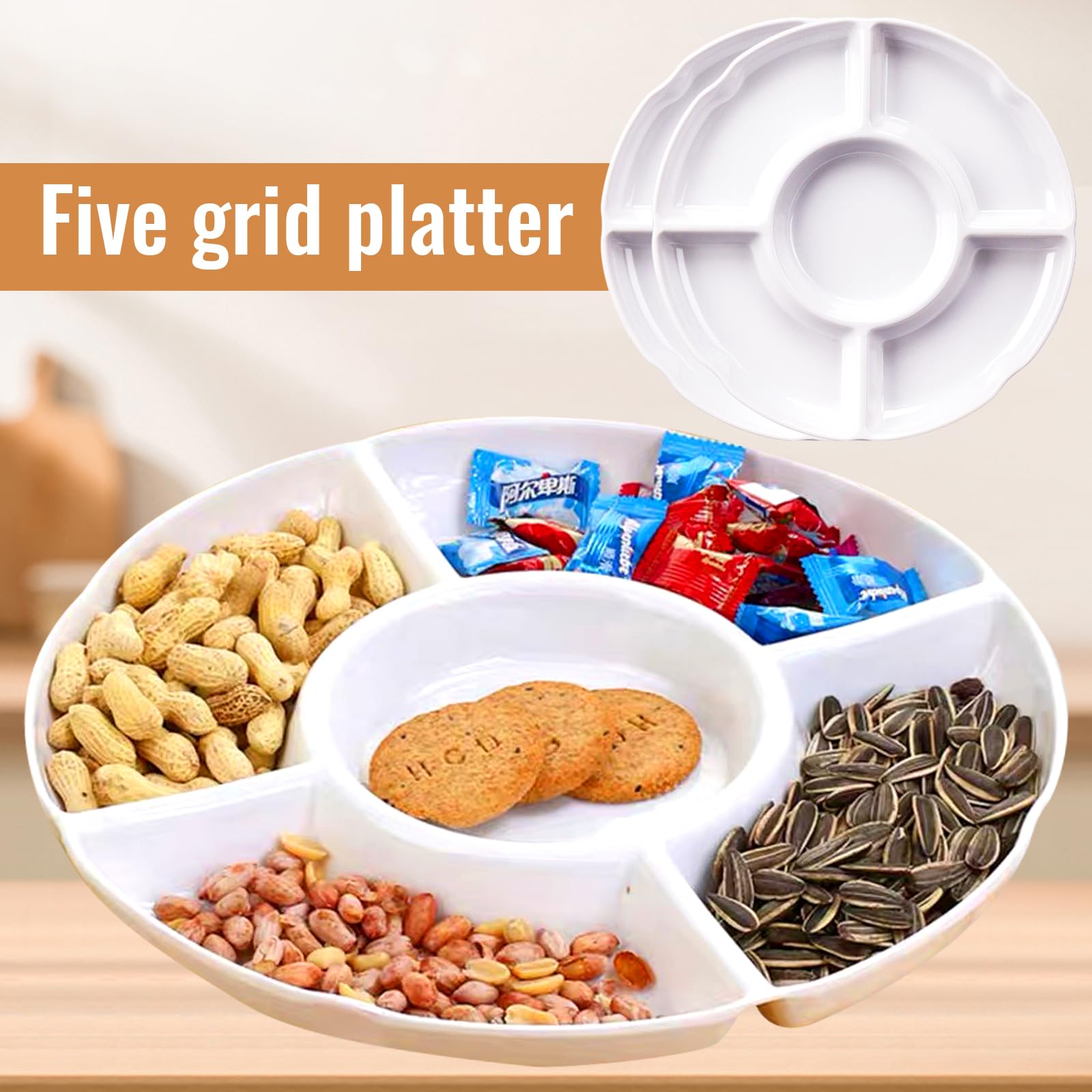 Piatto da spuntino con 5 scomparti, ciotola per snack con coperchio trasparente, in plastica, riutilizzabile, durevole per noci, dessert, snack box con scomparti, piatto da portata con coperchio