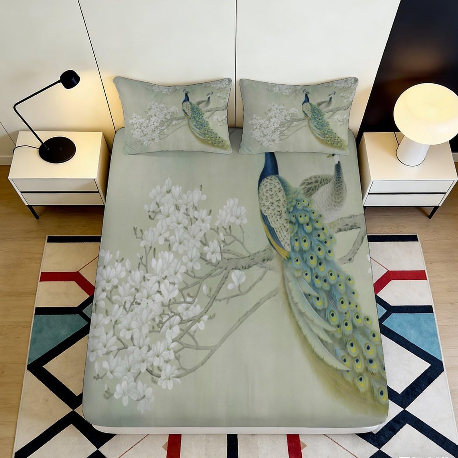 3D Printed Elegant Peacock Fitted Sheet Microfiber Soft Floral Branch Mattress Cover for Bedroom Guest Room Decor 90x200x25cm