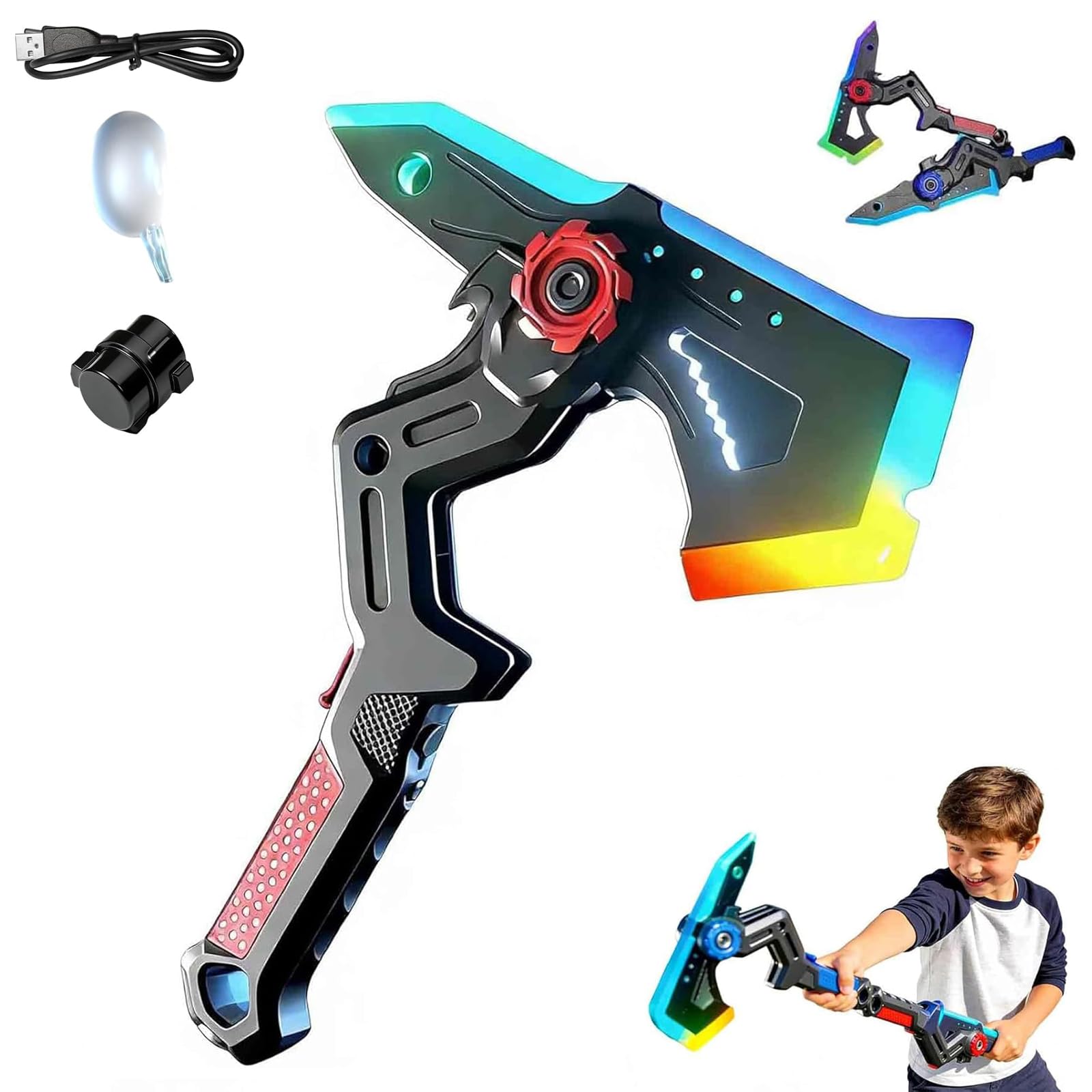 2-in-1 Deformable Mechanical Sword Axe,with 7Color Change LED Light-up Blades & Spray Mist Sound Effects,Transformable Light Up Axe Sword Toy Creative Cosplay Prop for Boys (B)