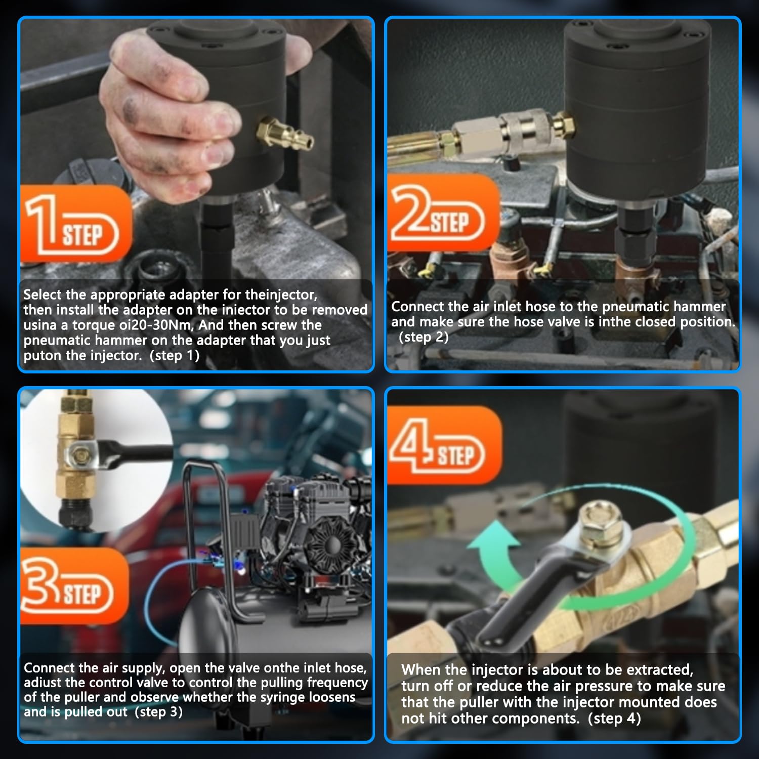 ZKTOOL 24 Pièces Extraction d'Injecteurs Diesel Pneumatique, Démontage d'Injecteurs Diesel à Vibrations Pneumatiques, avec 19 Adaptateurs, Connecteurs US/EU et Poignée Portative