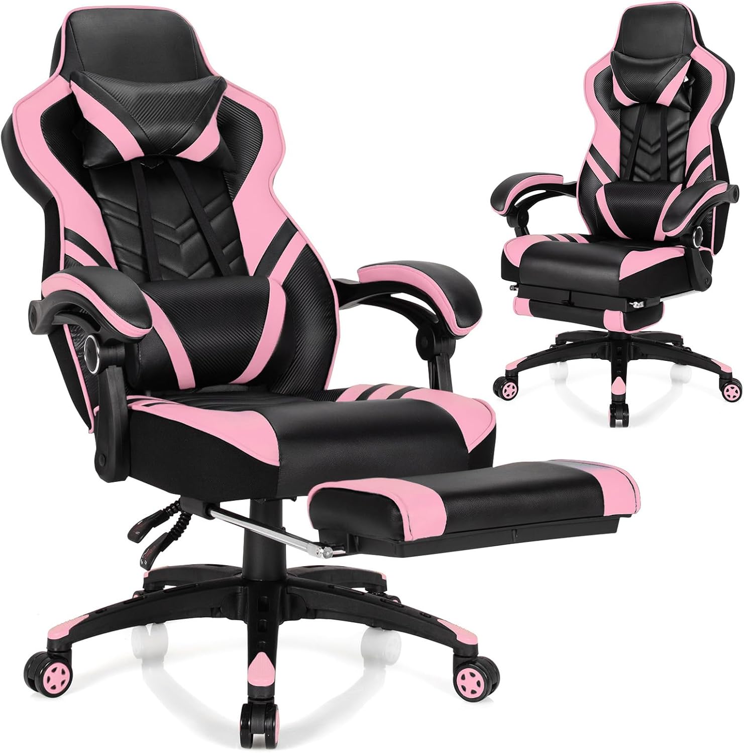 Goplus Gaming Chair, Computer Chair with Footrest and Lumbar Support, Height Adjustable Executive Swivel Rolling Task Chair with 90°-155° Tilt Function (Pink)