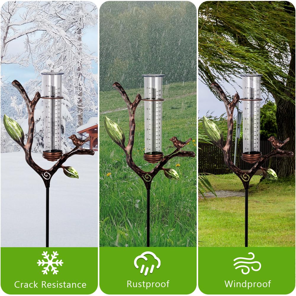 Regenmesser Outdoor Metall Regenmesser mit Pfahl | 17,8 cm Rohr-Regenmessgerät, dekoratives Zweig-Regenmesswerkzeug für Garten, Rasen, Terrasse
