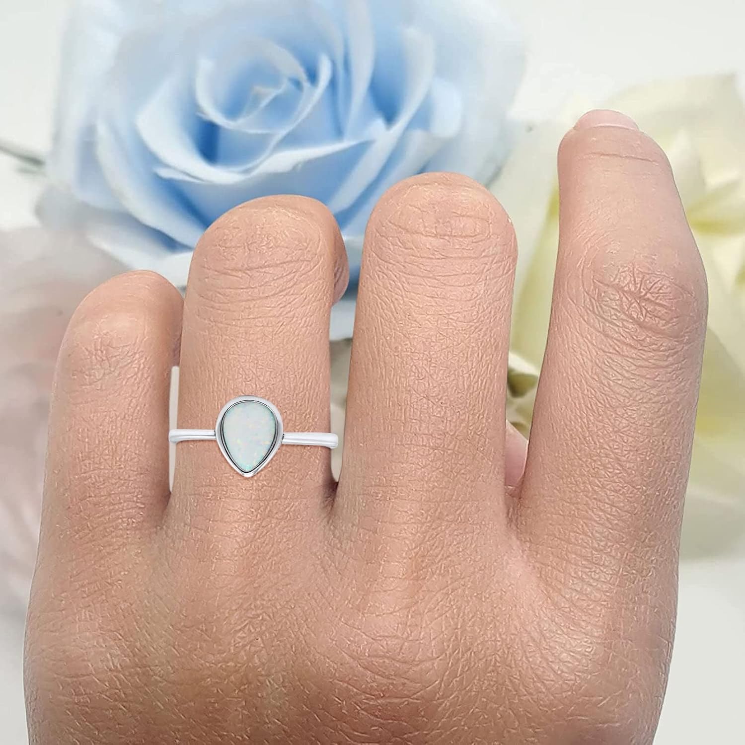 OMRANII Teardrop Pear Petite Dainty Thumb Ring Lab Created Opal Fashion Ring 925 Sterling Silver