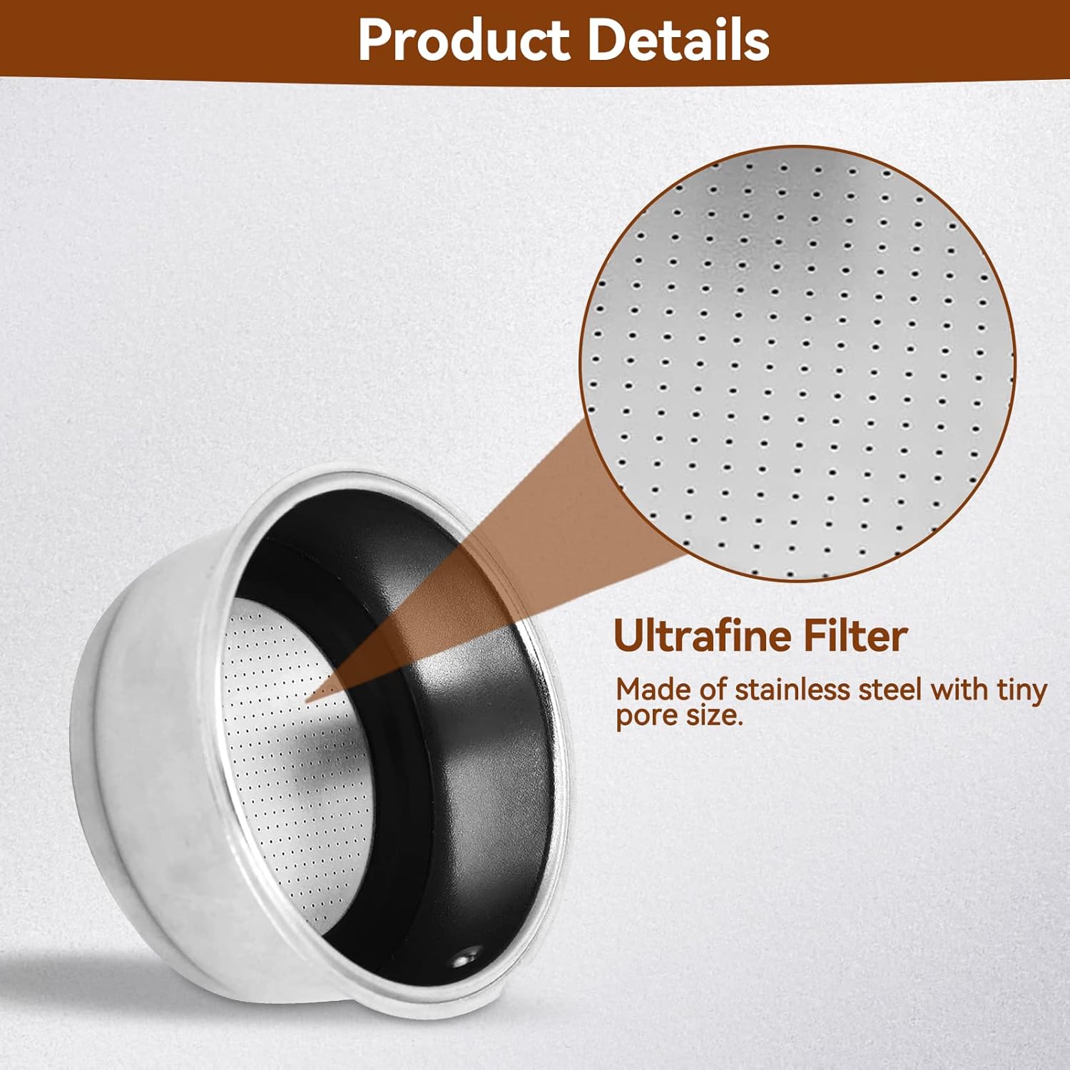 Diagram showing the ultrafine filter mesh of the portafilter basket