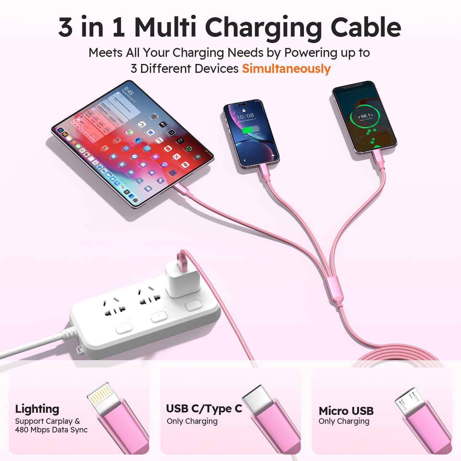 Cavo di ricarica USB 3 in 1, nylon intrecciato da 1,2 m, rosa e oro, confezione da 2