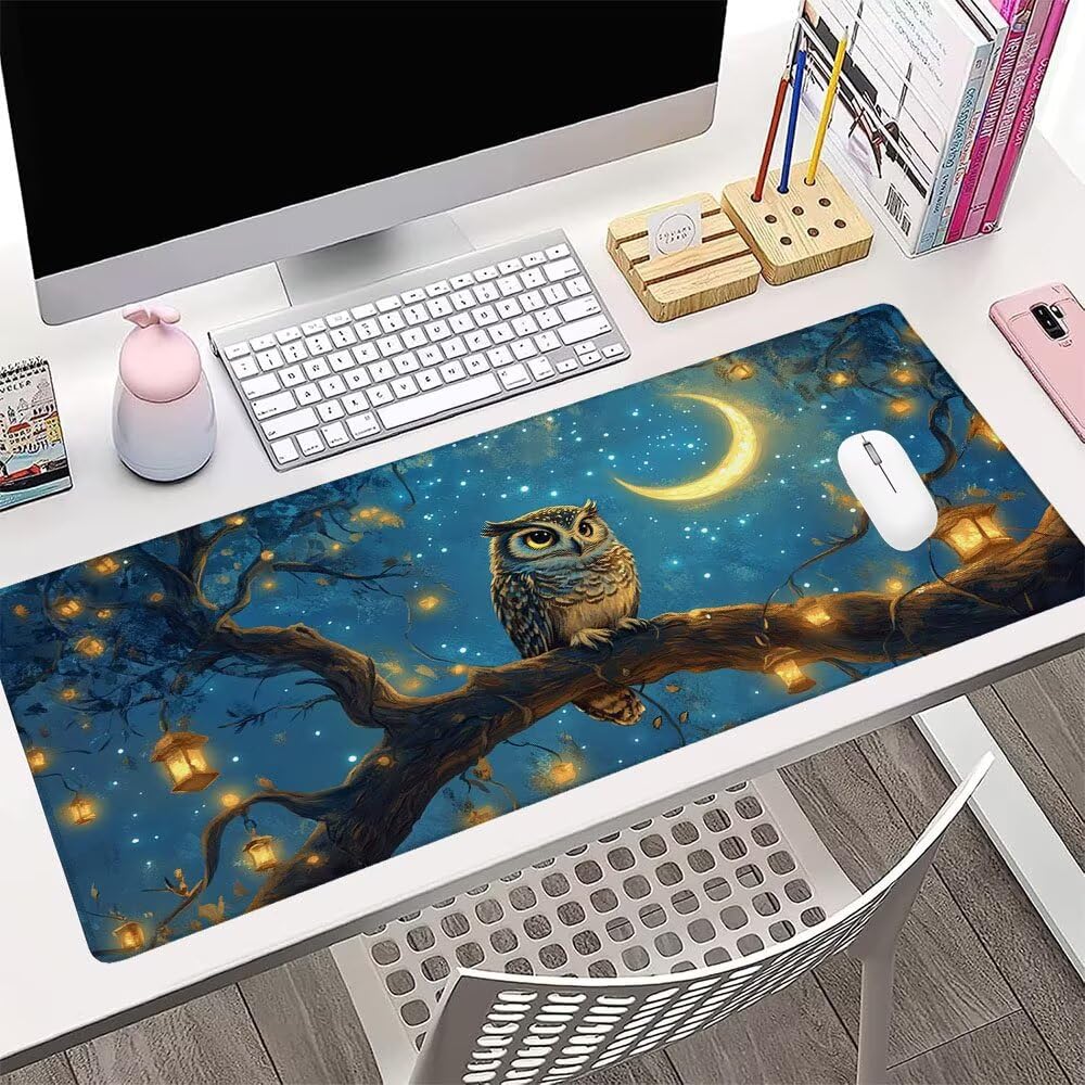 Alfombrilla de Mouse para Juegos, Blu, XXL, Antideslizante, Impermeable, Diseño de Gufo, Extendido, Grande, 1200x600x3mm, para PC, Laptop, Ufficio, Famiglia d-804