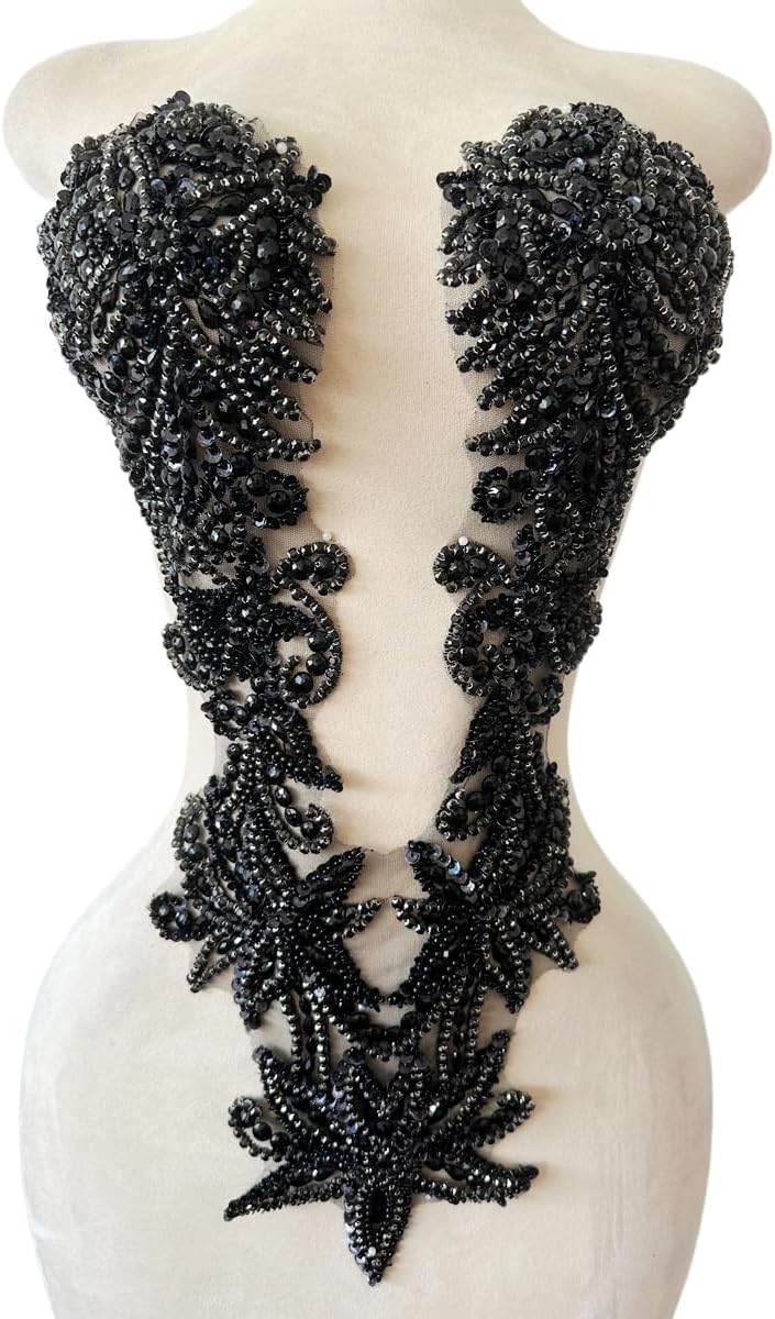 Handmade Beaded Appliques and Patches with Crystals Rhinestones Sew on Lace Sewing Accessories for Wedding Prom Evening Crafts DIY Dresses Gowns Decoration 6X21inches (Black)