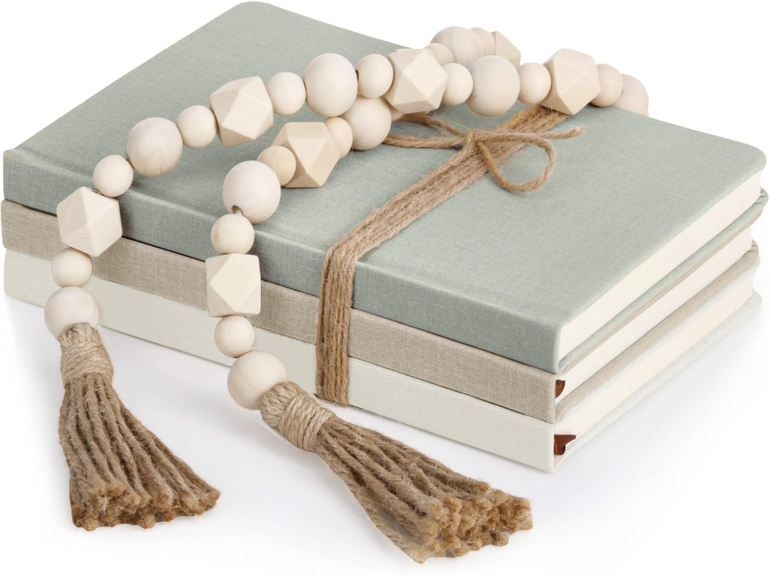 Feifeiya 3 Pieces Faux Decorative Books Set for Home Decor Fake Book for Shelves Coffee Table Stacked Linen Covered Display Notebook with Wood Bead Bookend Gift for Living Room(Light Green)