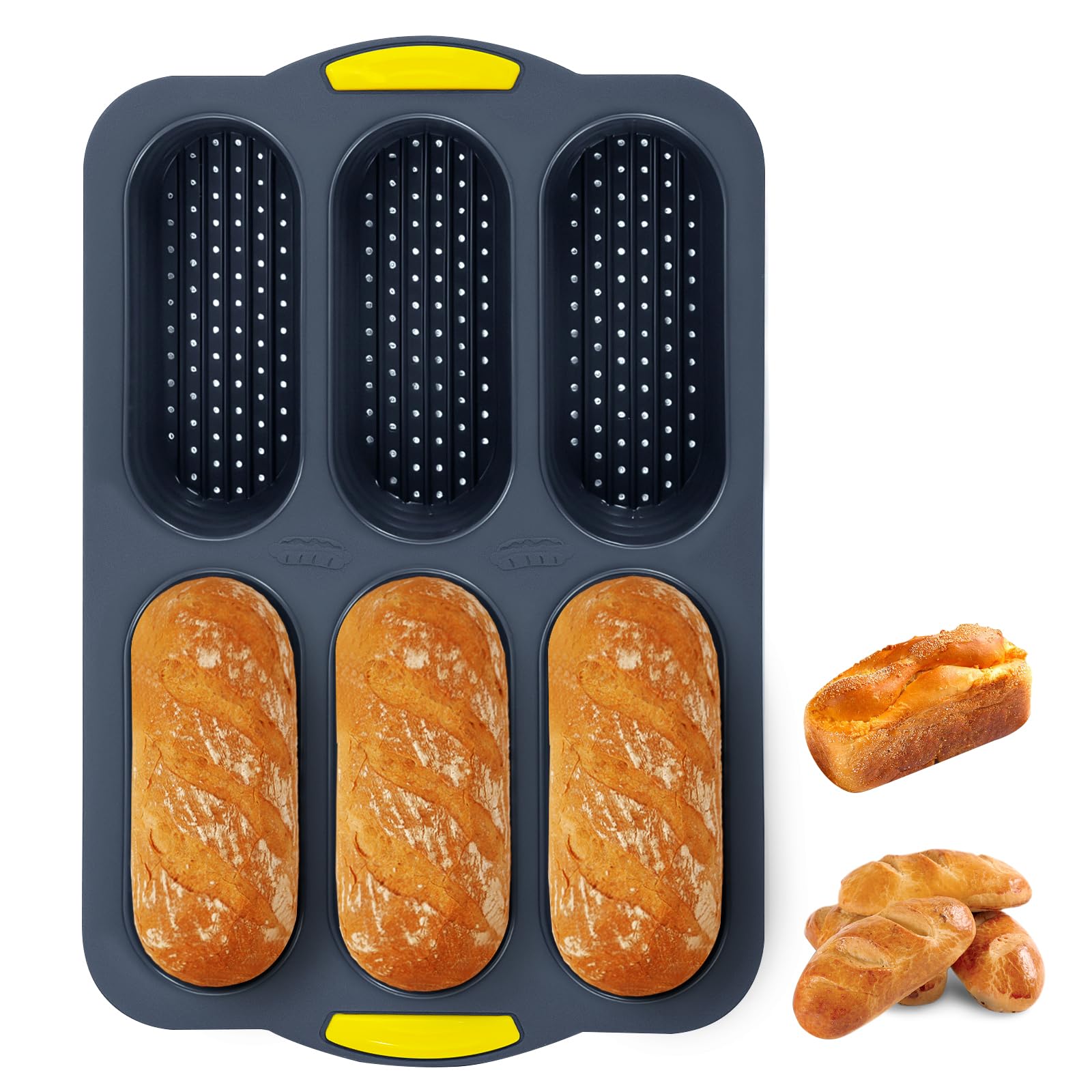 Molde de silicona para baguette antiadherente y resistente al calor, molde poroso para pan de perro caliente, 6 compartimentos, delicioso pan francés con agarre cómodo para hornear en la