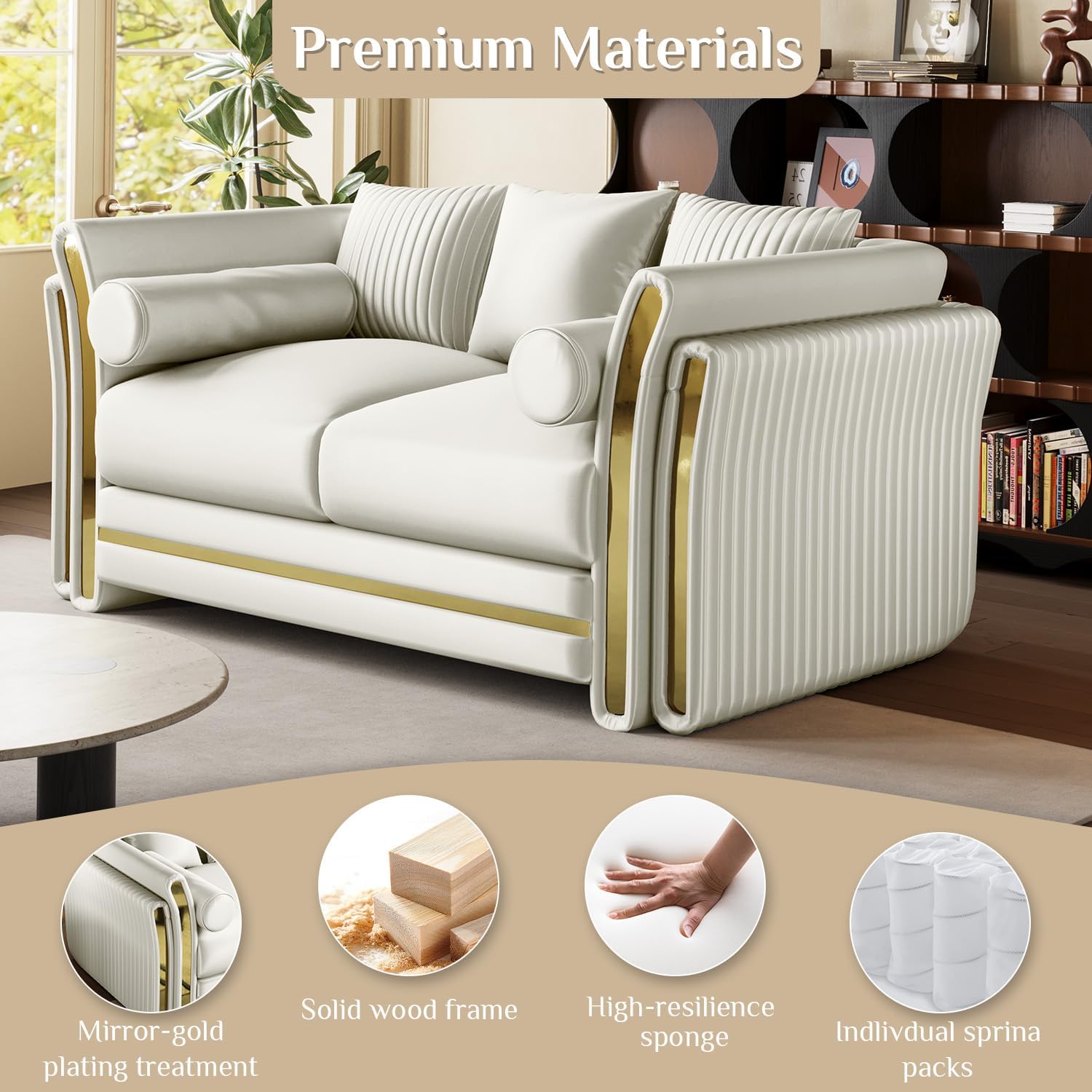 62" Luxury Chesterfield Sofa Velvet Tufted Couch Mid Century White and Gold Couch Vintage Victorian Sofa for Living Room, Loveseat with 3 Pillows & 2 Bolster Pillows, Beige White