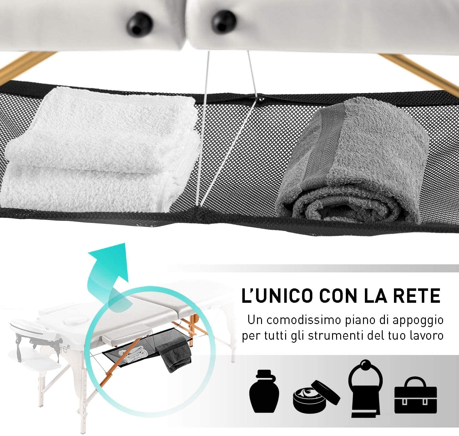 Lettino Massaggio Portatile, in Pelle ‘PU’ ECO di Alta Qualità, XXL 2 Zone, Telaio in Legno, Pieghevole, Cavi in Acciaio Inox, Poggiatesta, Braccioli, Rete, Borsa Trasporto e Timer Omaggio (BIANCO)