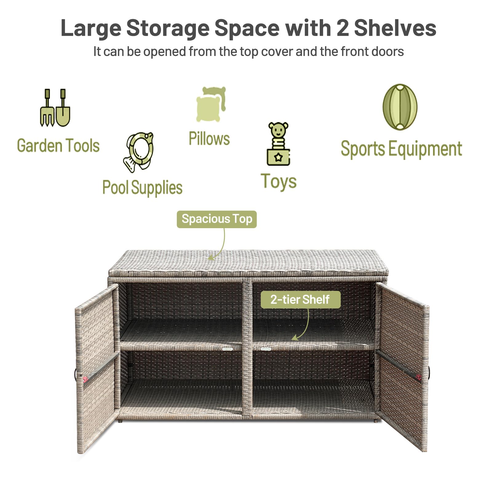 LIFEZEAL Caja de almacenaje de 2 niveles de ratán PE, Baúl grande con 2 puertas y tapa, Armario para jardín, balcón, piscina, salón, interior exterior, 115x60x65 cm (Gris)