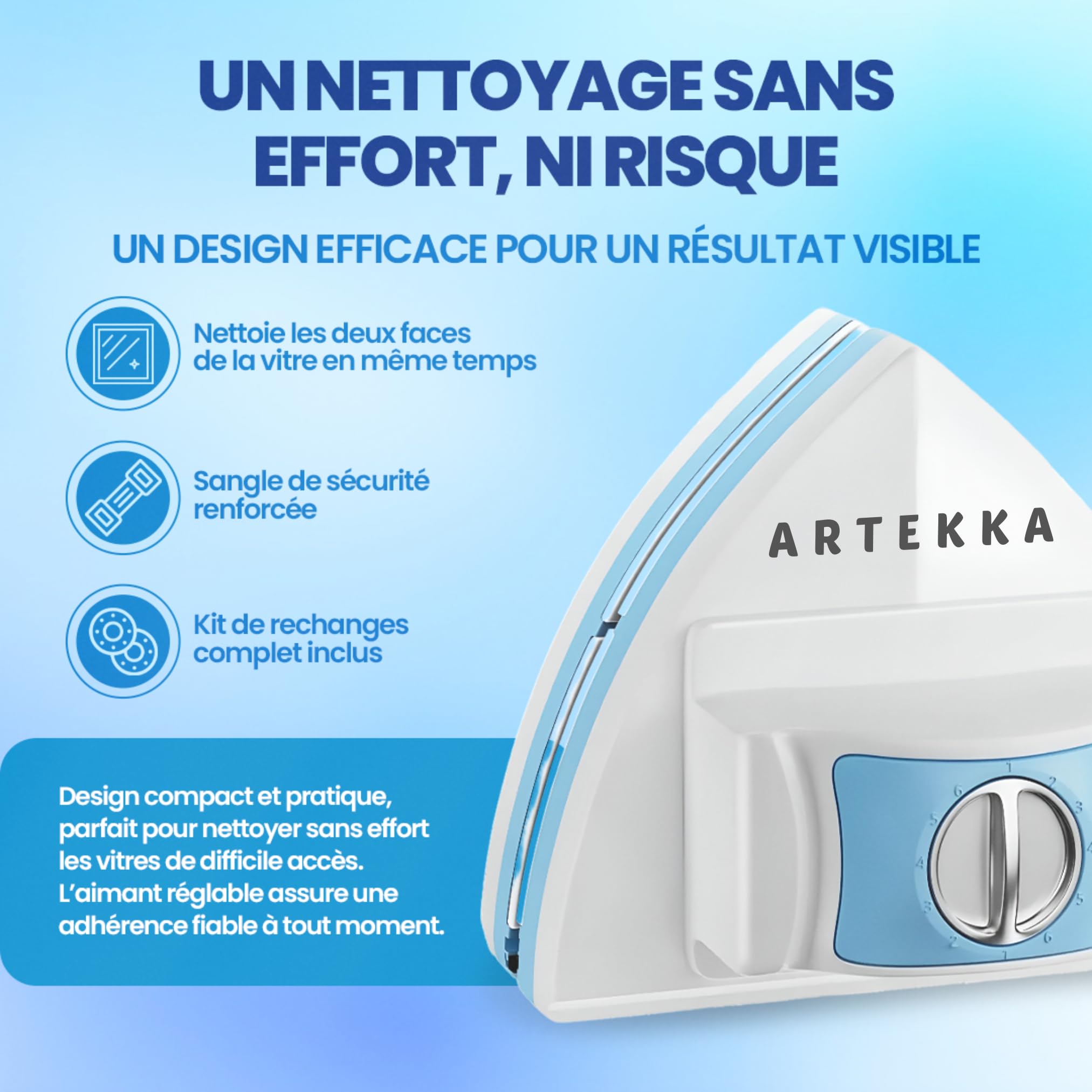Lave Vitre Magnétique Double Vitrage 3-30 mm Brosse à Rainures Nettoyage Intérieur Extérieur Vitres Inaccessibles Kit Complet avec Recharges et Câble de Sécurité (1, Blanc Bleu et Gris)