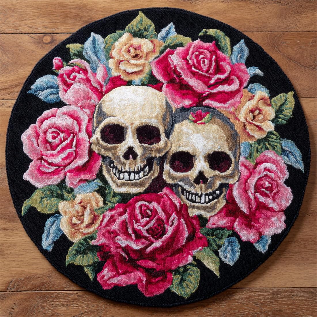 Rqwybcaxn DIY Latch Hook Rug Making Kits for Adults Crochet Hooks Set Skulls and Flowers 50x50cm Round Tapestry with Crochet Hook Living Room Craft Gift