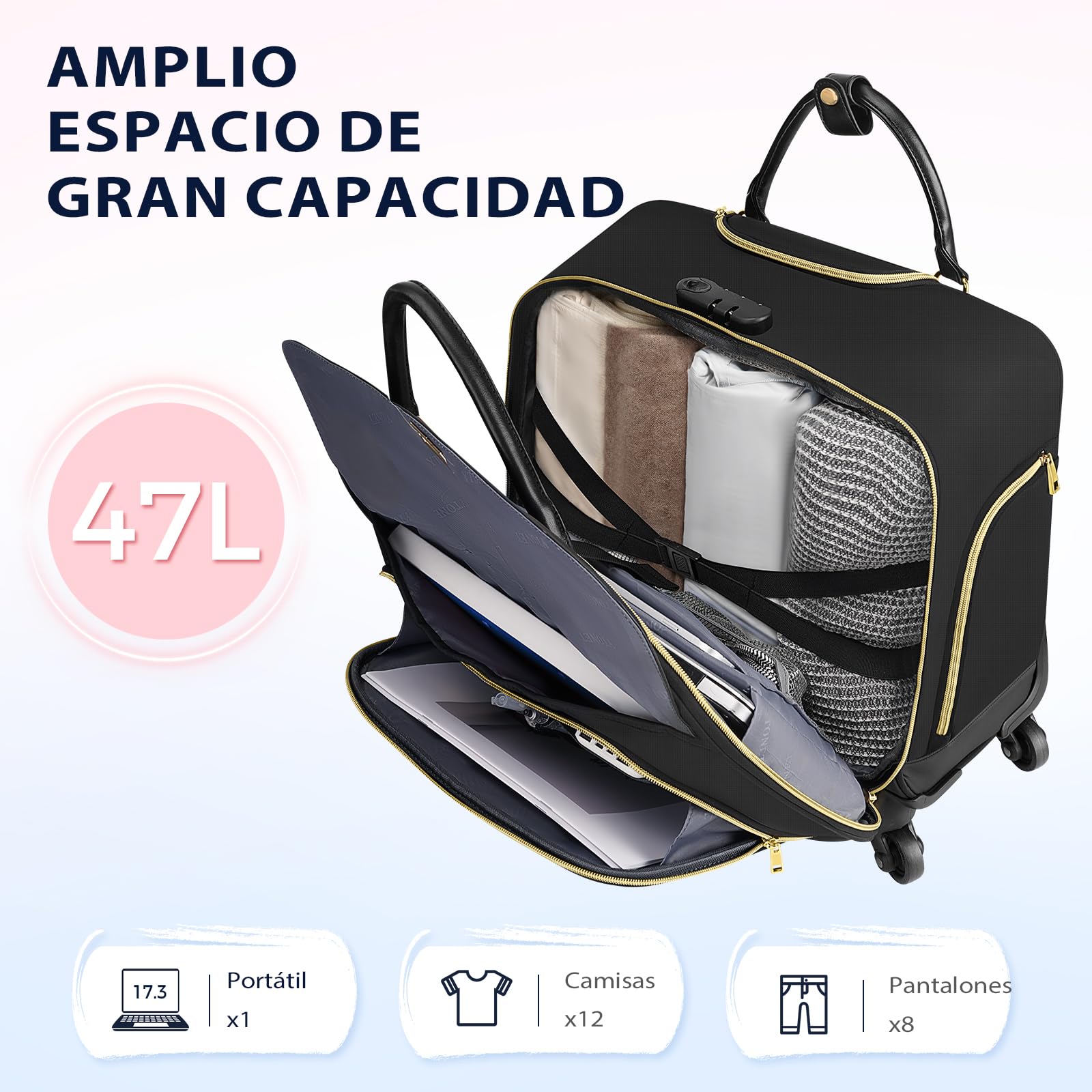 Ytonet Maletin con Ruedas para Mujer, Maletin con Ruedas Trabajo Antirrobo Gran Capacidad 47L Bolsa de Viaje para Portatil 17.3 Pulgadas con Candado TSA, para Trabajo, Viajes, Negocios, Negro