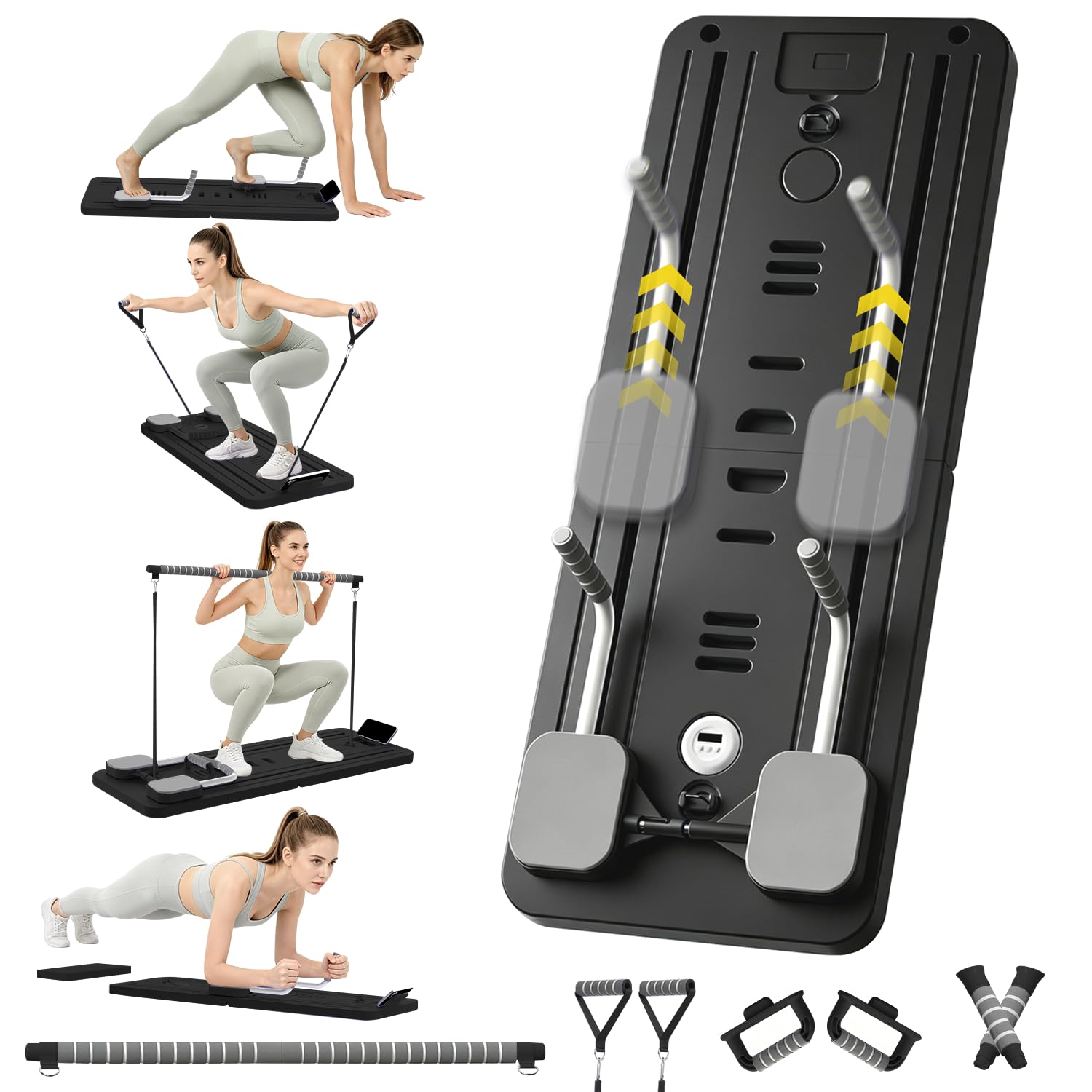 Pilates Board Für Zuhause Upgrade, Faltbares Multifunktionales Reformer Board, Mini Reformer für Pilates, Automatischem Rückprall & Widerstandsbändern, Ganzkörpertraining