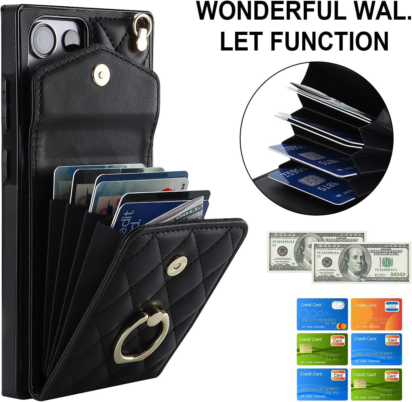 Asuwish Phone Case for Samsung Galaxy S23 Ultra 5G Wallet Cover with Tempered Glass Screen Protector and Wrist Strap Ring RFID Blocking Card Holder Cell S23Ultra 23S S 23 23Ultra 6.8 inch Women Black