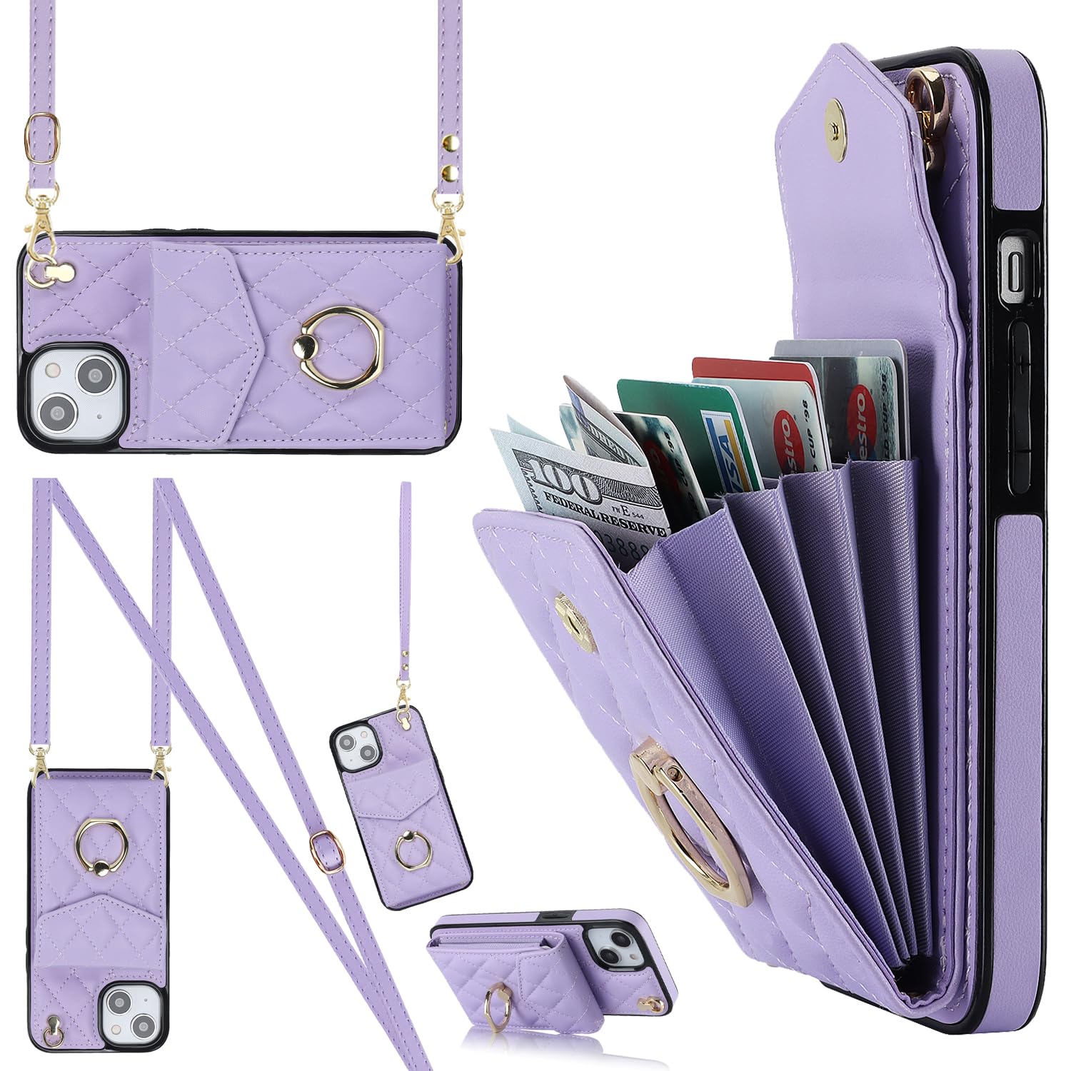 CHENRLIAN Compatible with iPhone 14 Plus Wallet Case with Card Holder,360Â° Rotation Finger Ring Holder Kickstand, Leather Wallet Case and Crossbody Strap - Purple, 6.7 Inch (2022)