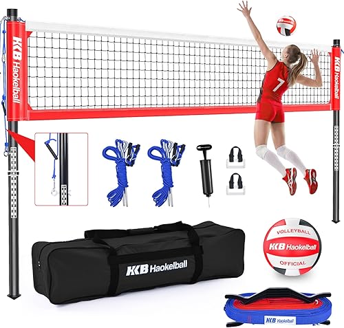 Haokelball Outdoor Portable Heavy Duty Volleyball Net Set for Backyard with Adjustable Height Poles, Anti-Sag System, Volleyball, Pump, Boundary