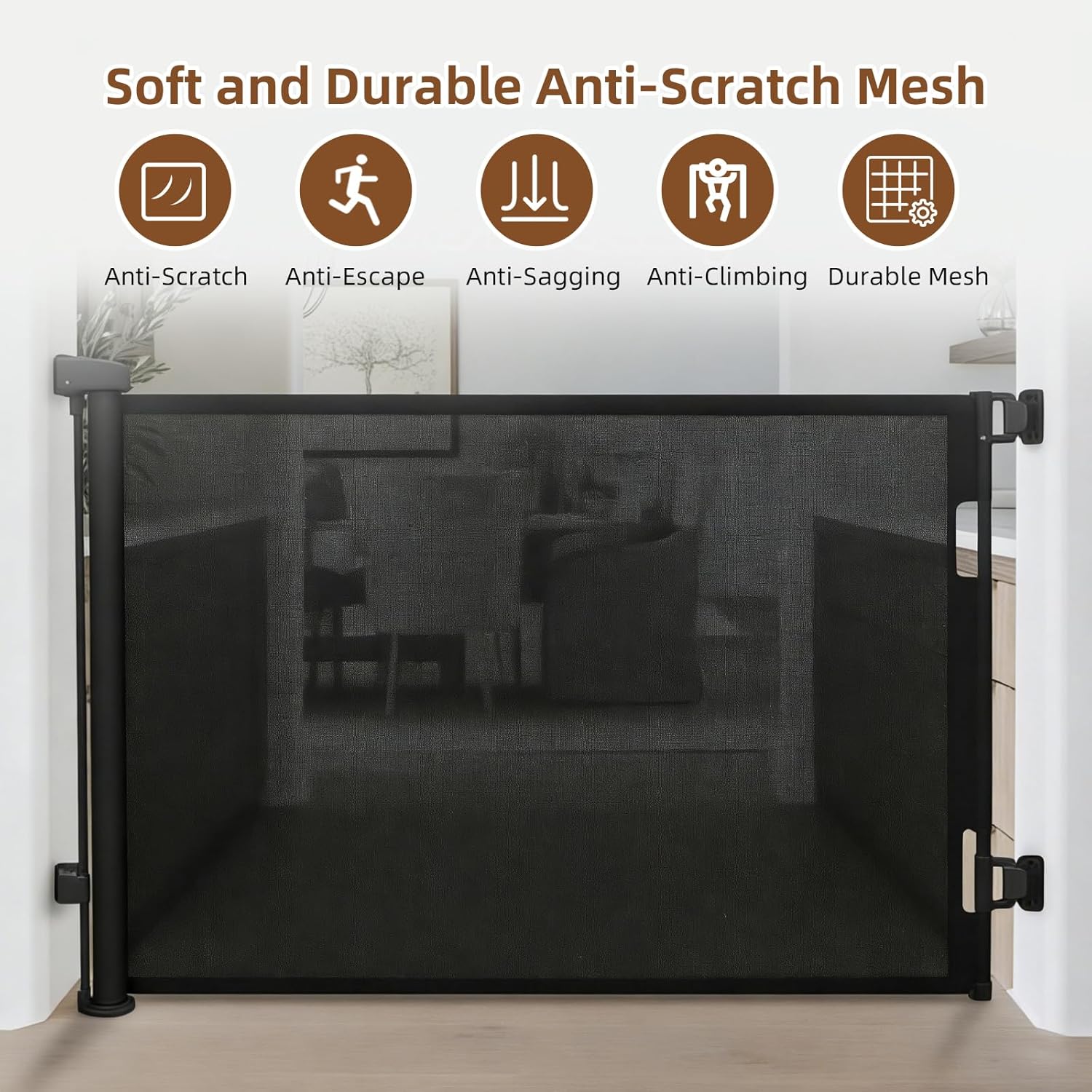 55 inch Retractable Baby Gate Black - One-Hand Operation Secure-Lock, Easy Install for Stairs, Doorways, Portable Mesh Barrier, Adjustable Width for Indoor/Outdoor, Dog & Child Safety