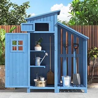 Caseta para herramientas, armario de jardín, 124 x 46 x 174 cm, caseta de jardín, casita de madera, también para jardines pequeños, color azul