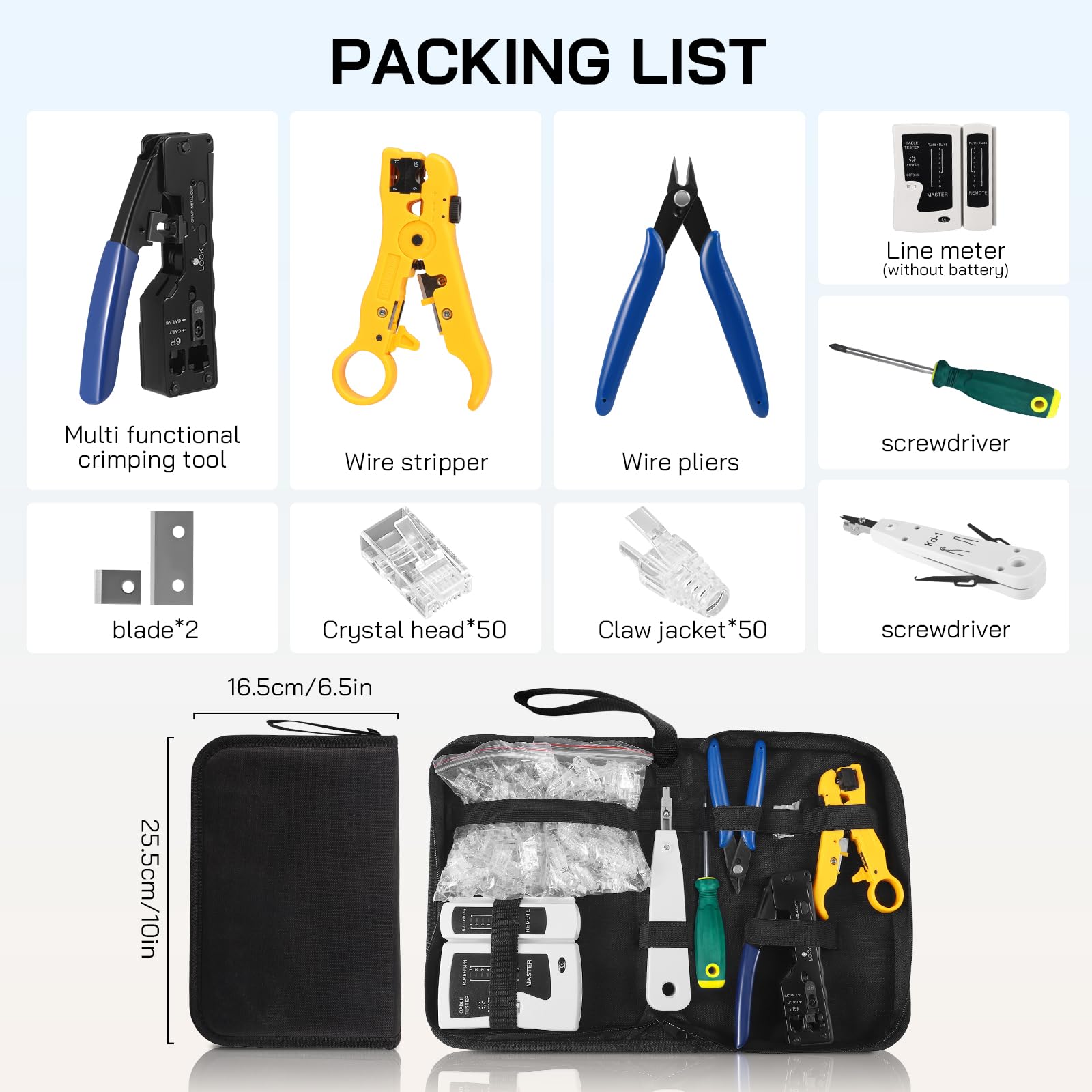 Kit d'outils à sertir RJ45, kit d'outils de sertissage Ethernet pour passer à travers les connecteurs RJ45 avec 50 connecteurs Cat 6, testeur de câble réseau et coupe-fil, kit d'outils de sertissage