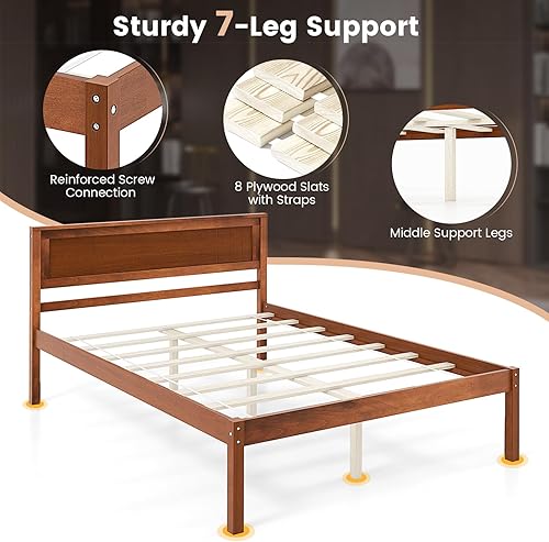 Miniatura 8 de KOMFOTT Base de cama de plataforma de madera de tamaño completo con cabecero, marco de cama de madera maciza con soporte de listones, soporte de 7