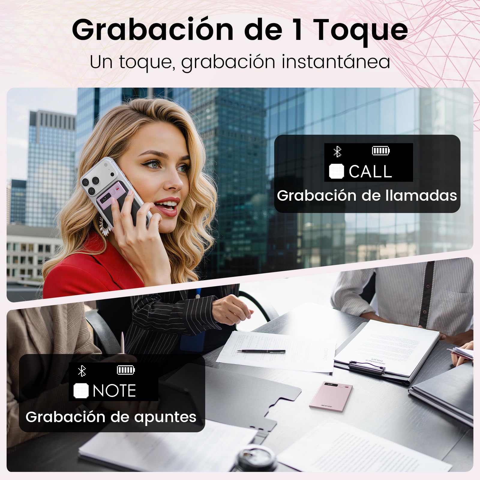 Grabadora de Voz NEWYES IA con aplicación dedicada,transcripción y Resumen,Duración de la batería de 35 Horas, 64 GB de Memoria para reuniones,conferencias, Llamadas,Negocios y Clases(Rosa)