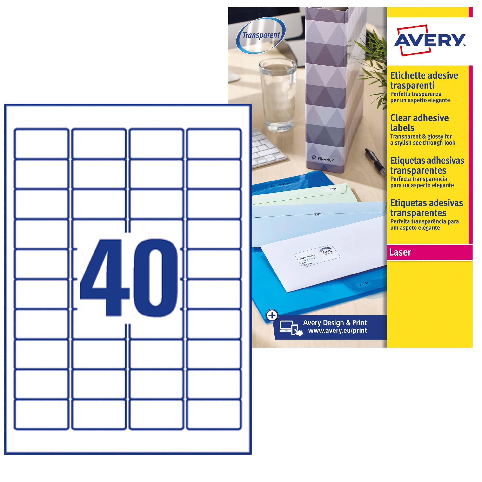 Avery Italia L7781-25 Etichette adesive trasparenti lucide, 25 fogli A4, rettangolari 45,7x25,4mm, 40 etichette per foglio, adesivo permanente, stampanti laser