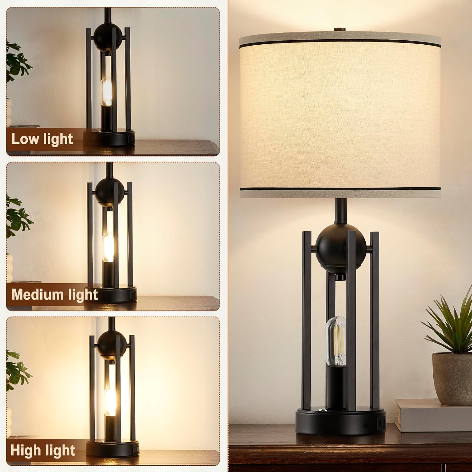 25'' Farmhouse Table Lamps for Living Room Set of 2 with USB C+A Ports, Vintage Bedside Lamp for Bedroom, Touch Lamps for Nightstand, Dual Lights Independent Switch, 4 Bulbs Included, Black