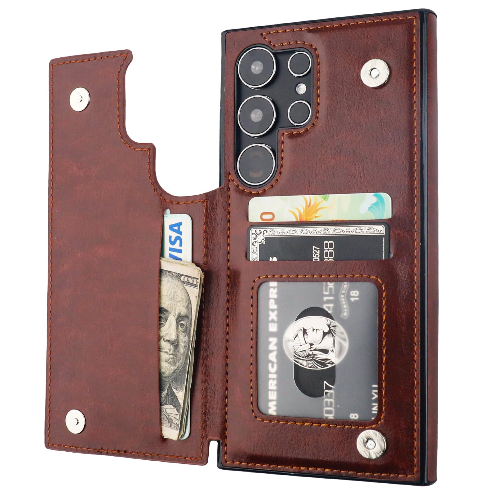 Onetop Compatible with Samsung Galaxy S24 Ultra Wallet Case with Card Holder, PU Leather Kickstand Card Slots Case, Double Magnetic Clasp and Durable Shockproof Cover 5G 6.8 Inch(Brown)