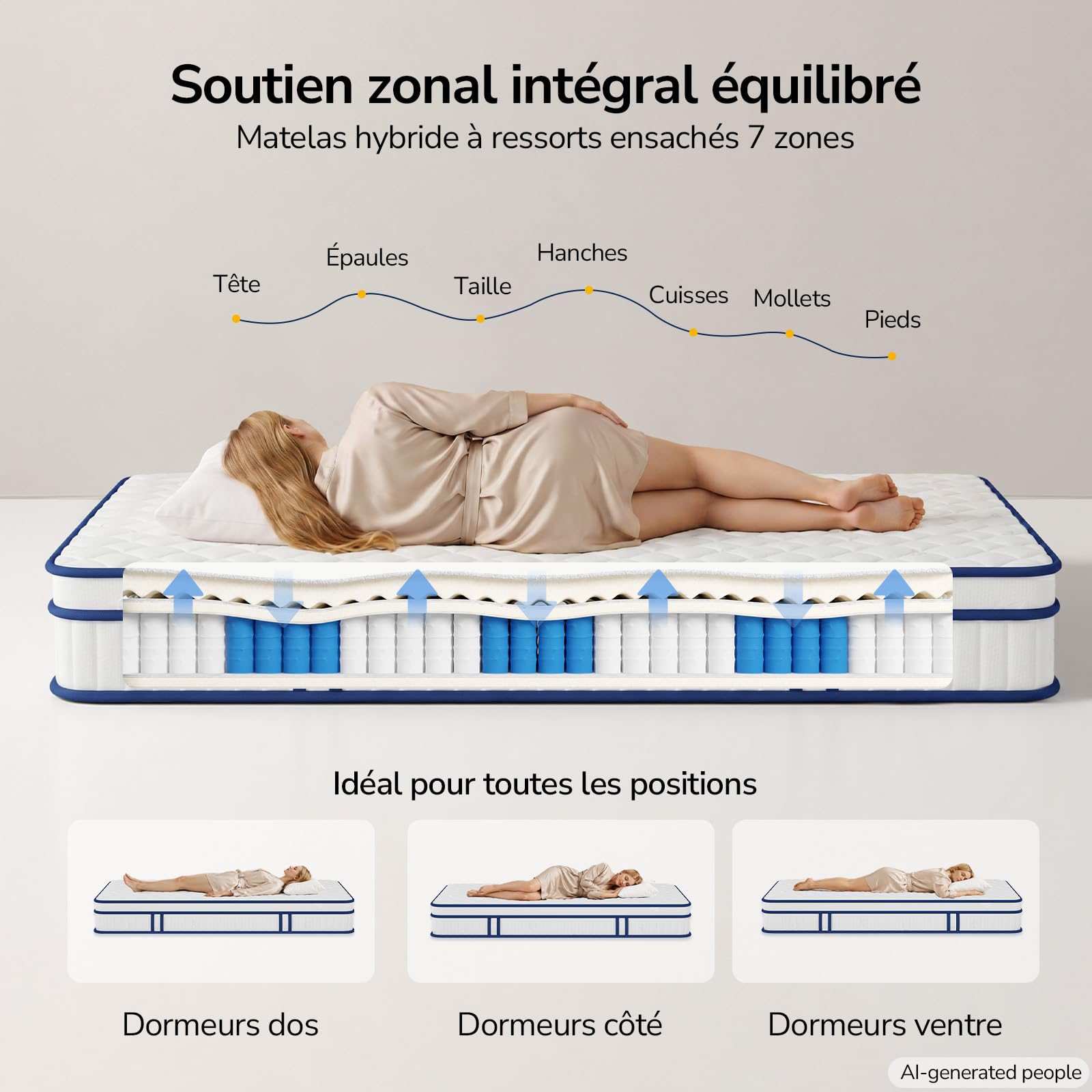 Brinlawb Matelas 90x190 cm Hybride, 21 cm d'Épaisseur, 7 Zones à Ressorts Ensachés, Réversible Double Fermeté (Souple & Ferme), Housse Respirante, Faible Transfert de Mouvements pour Sommeil Paisible