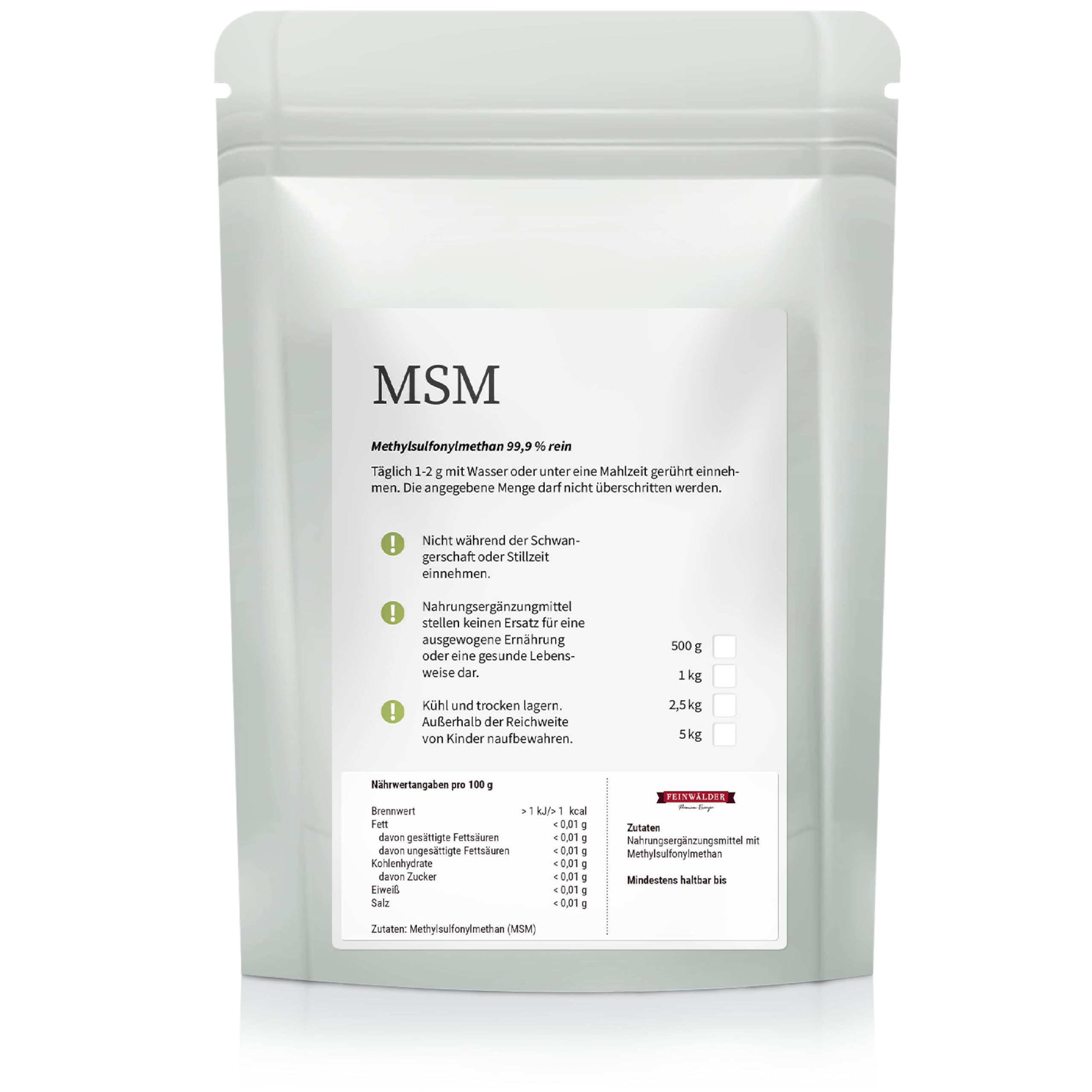 Feinwälder® MSM Poudre 1000g - 99,9% Pureté Premium Soufre Organique Methylsulfonylméthane sans additifs