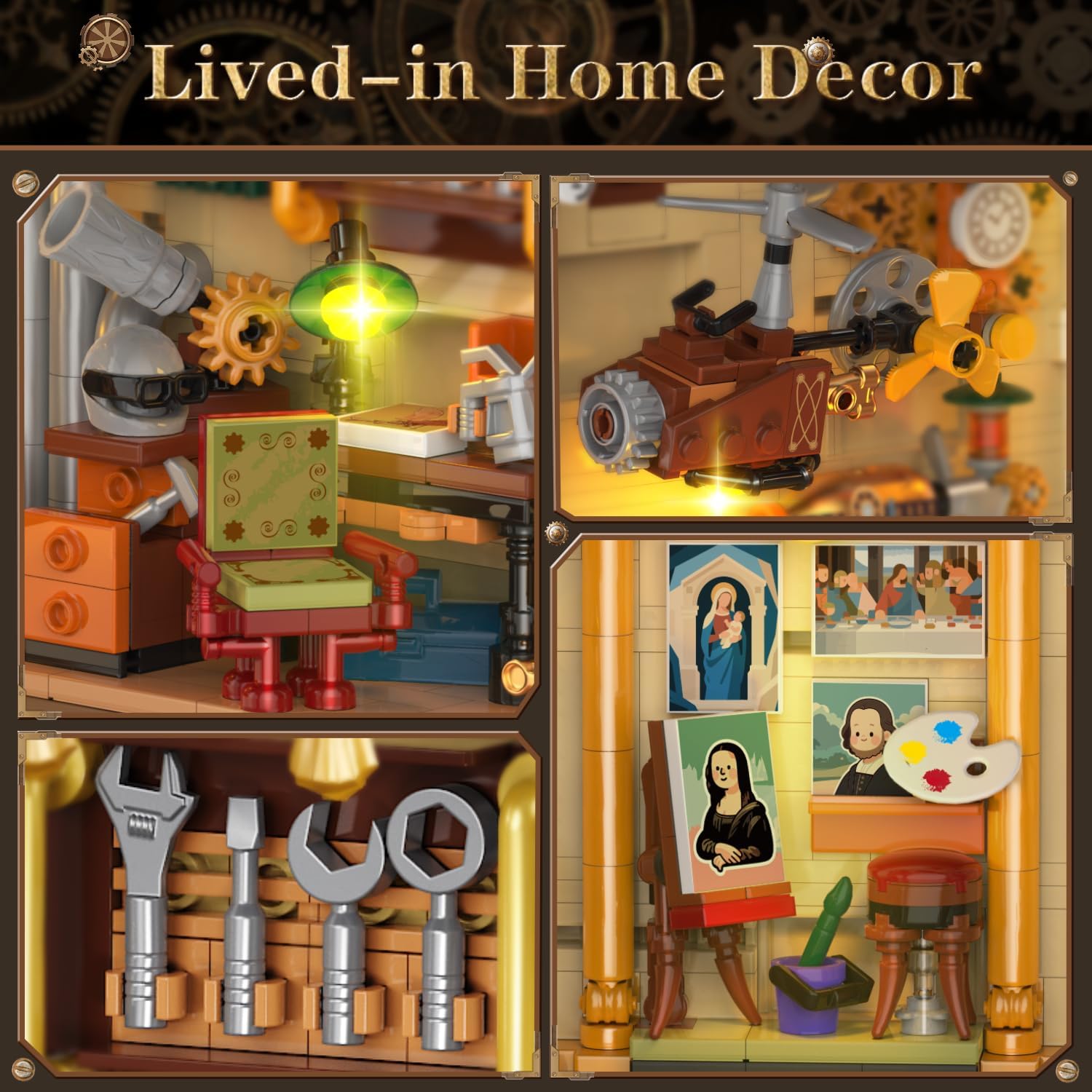 INSOON Steampunk Book Nook Building Set with Lights, DIY Booknook Kit for Home Bookshelf Insert Decor, 1178 PCS Bookend Miniature House Building Block, Easter Gift for Adults Kids Boys Girls Age 12+