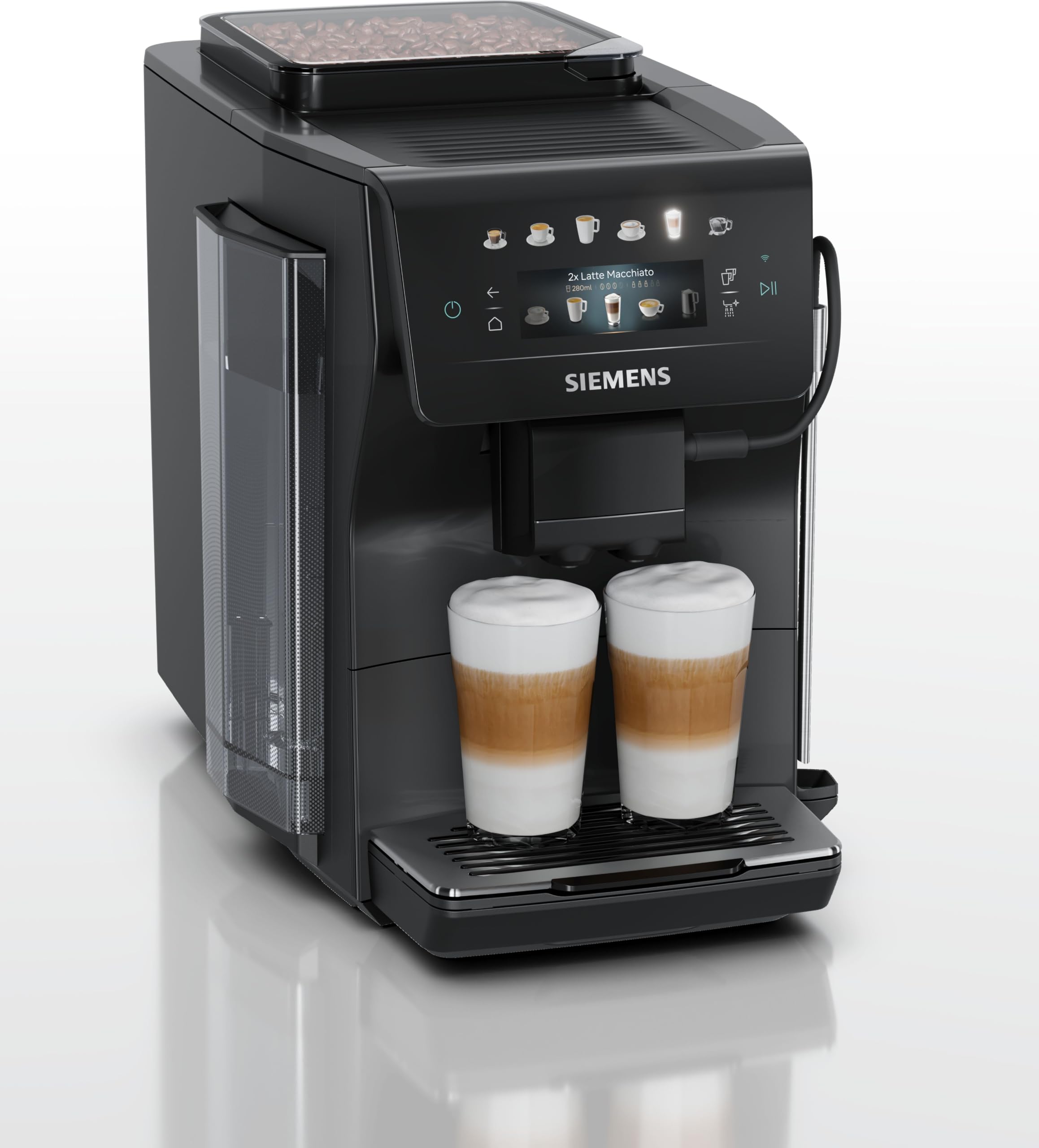 SIEMENS, Cafetera superautomática EQ600 iAroma Negro, TP601E09 | Facil de usar y limpiar, con molinillo y pantalla tactil. Prepara dos tazas a la vez