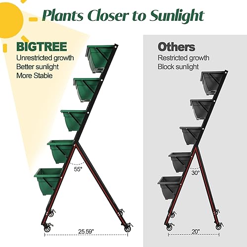 Miniatura 8 de BIGTREE Jardinera vertical elevada con ruedas, maceta de jardín de 5 niveles independiente con agujeros de drenaje para cultivo de flores, patio,