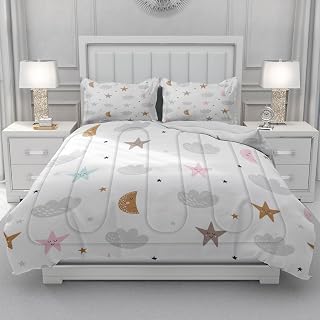 Full Size Comforter Set, Kids Teens Boys Girls Pattern Moon Stars Clouds Gray Grey Lightweight Bedding Set 3 Pieces for All Seasons, Soft Fluffy Quilt with 2 Pillow Shams for Bedroom Bed Decor