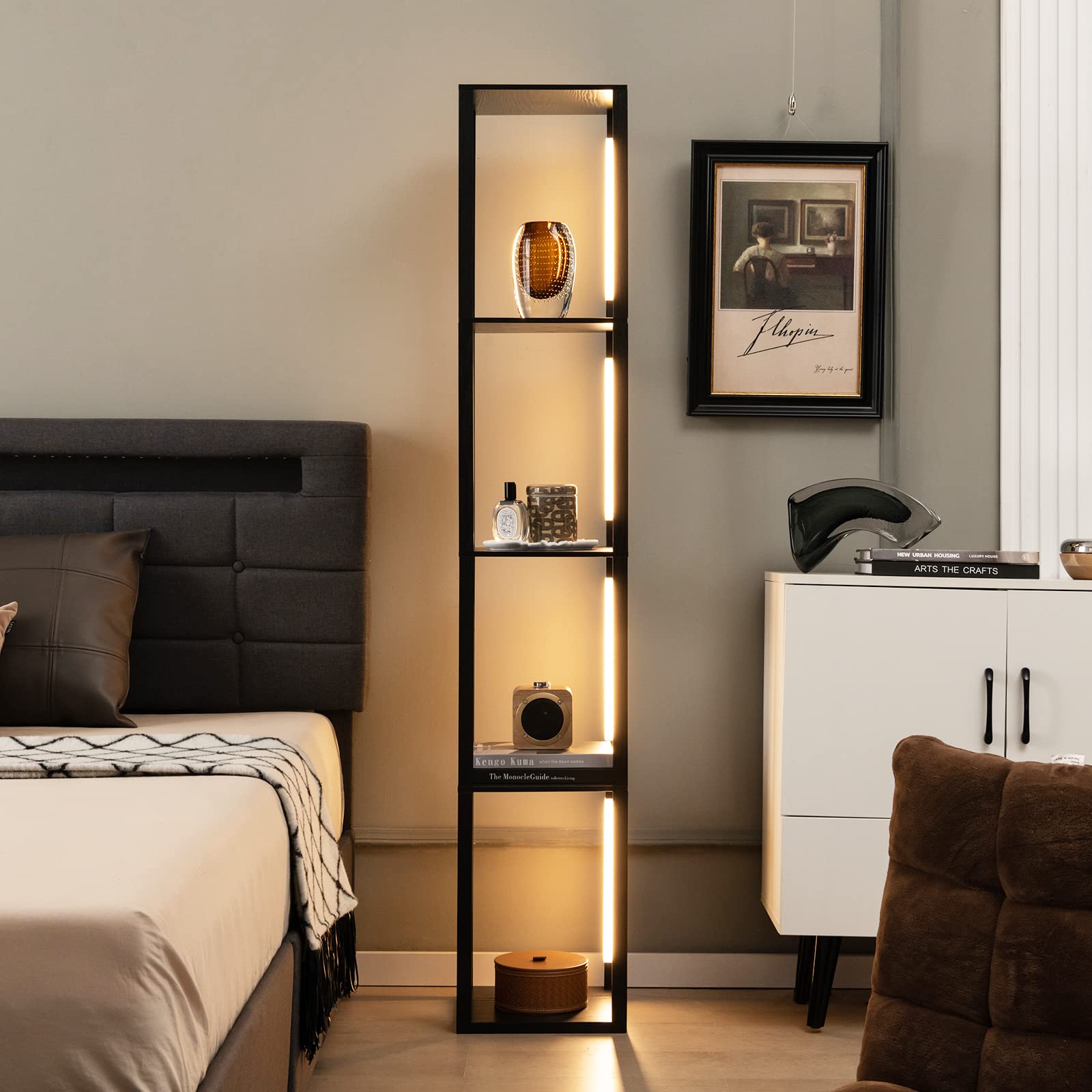 HOMASIS Lampada da Terra a 4 Ripiani in Legno, Piantana Led con 3 Livelli di Luminosità Regolabili, Angoliera Soggiorno con Palo Luminoso Rotabile a 360° per Salotto, 29 x 29 x 163 cm (Nero)