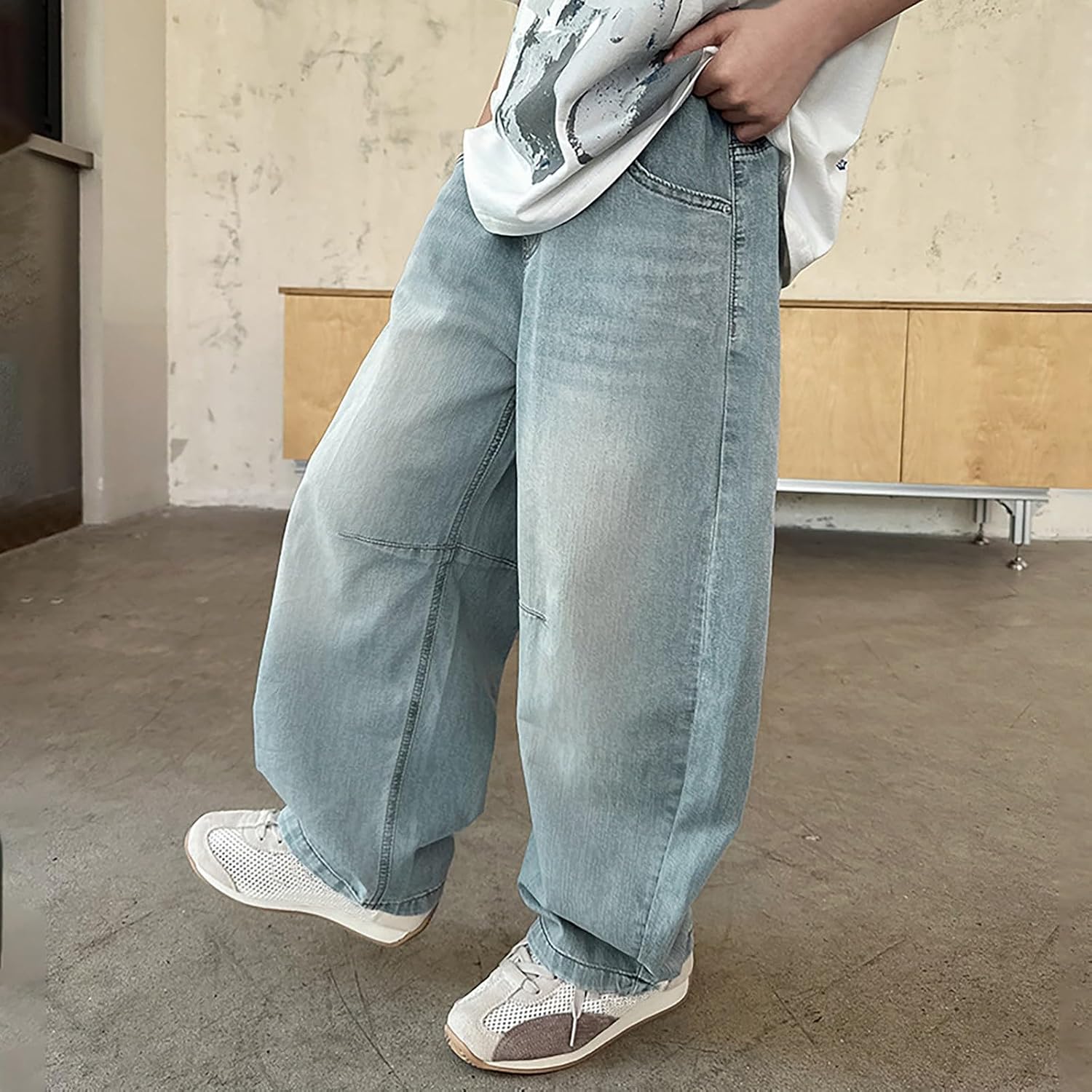 Boys Wide Leg Jeans Stretch Fit Elastic Waist Pull On Relaxed Boys Pant Active Athletic Youth Outdoor Soft Teenage Streetwear