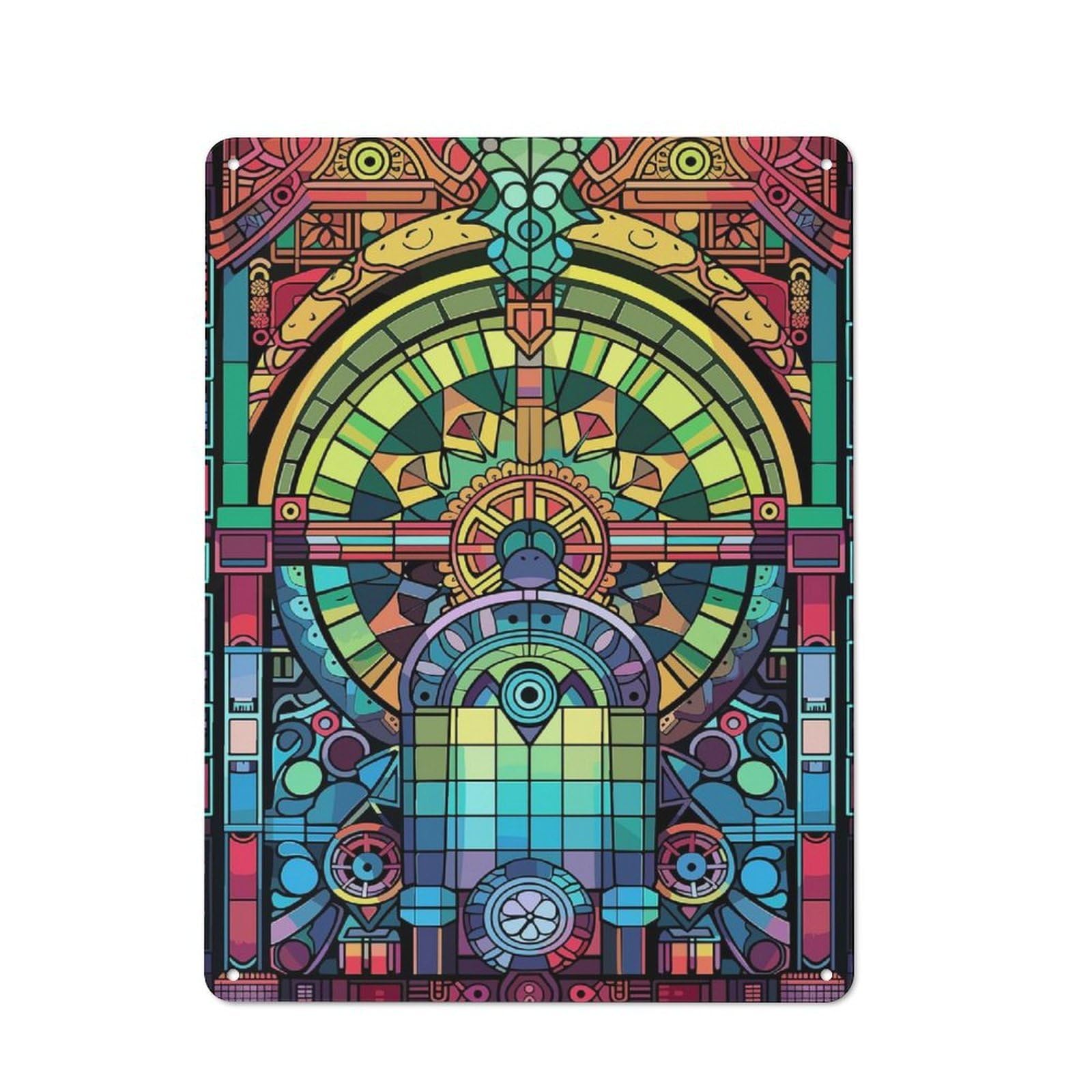 Junmoney Style-21 Abstract Stained Glass Window Decorative Metal Plaque 40X30cm, Loft Style Urban Room Decor For Flat, Bar, Studio Or Gallery Wall