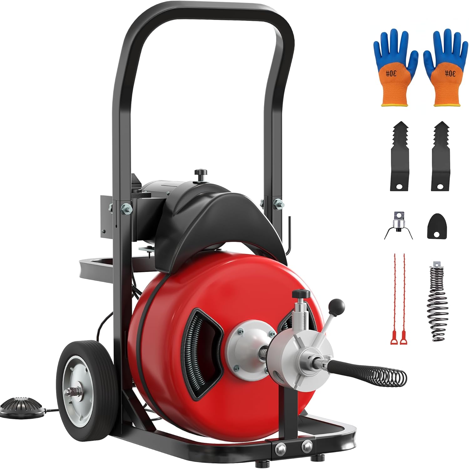 Garvee Drain Cleaner Machine 75FT x 1/2 Inch Steel Core Cable Portable 370W Electric Drain Cleaning Machine With Sewer Auger, Cutter, Air-activated Foot Switch, Wheels for Commercial, Home