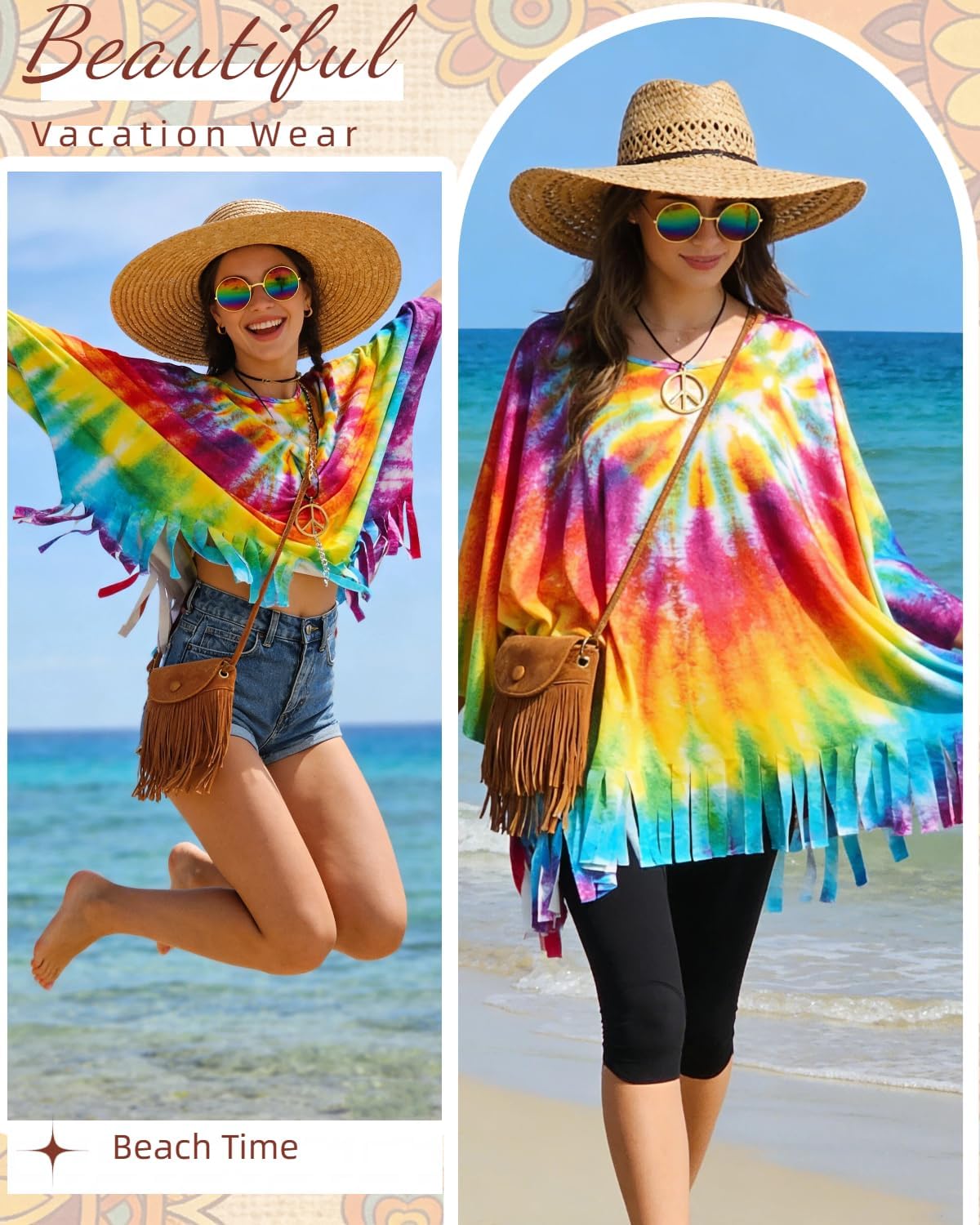 Womens Hippie Costume Clothes 70s Outfits Tie Dye Poncho with Accessories Fringe Crossbody Bag Sunglasses Necklace - Image 5